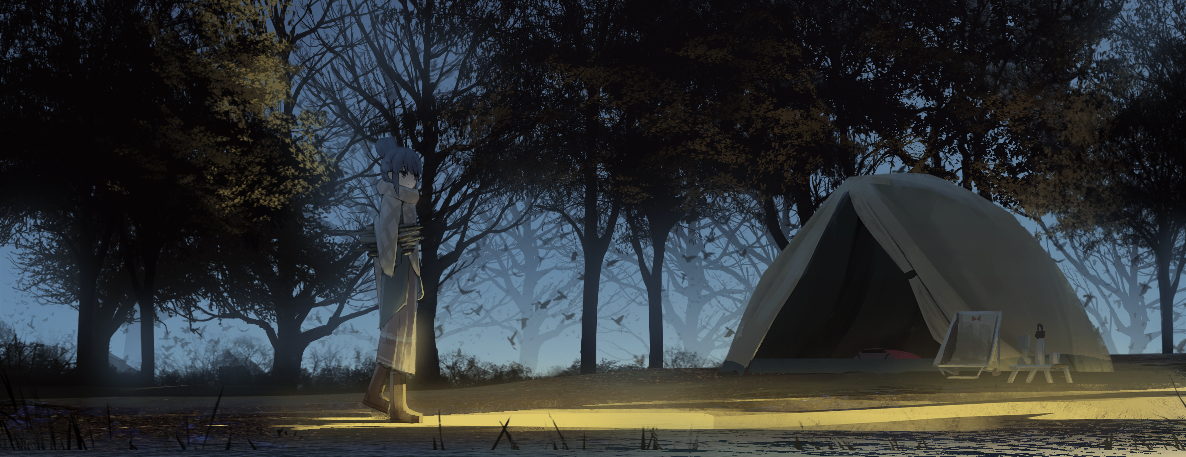 Rin Shima camping in a forest at dusk HD Wallpaper