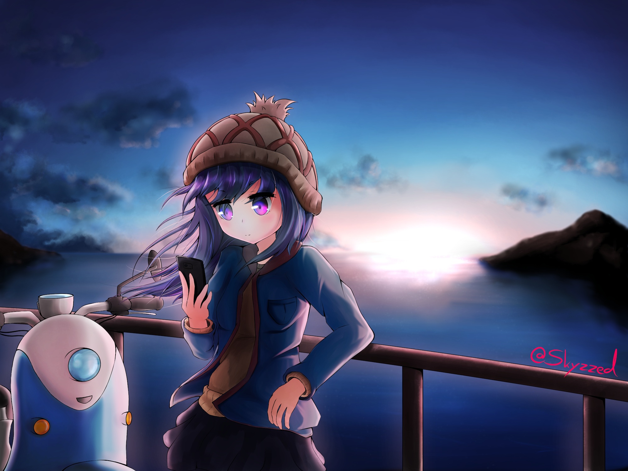 Rin Shima from Yuru Camp looking at her phone by the sea HD Wallpaper