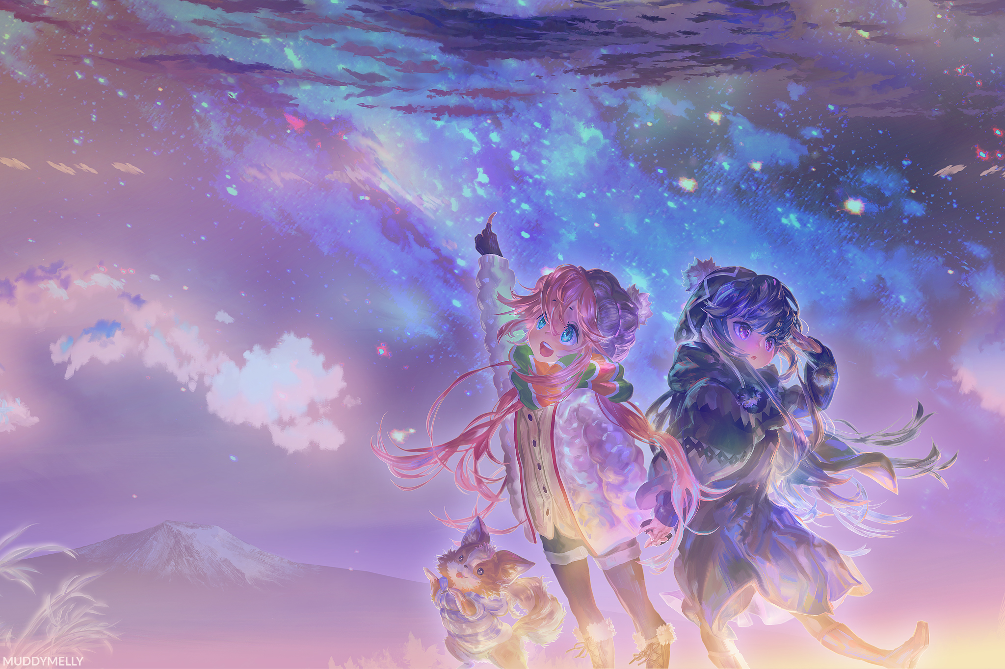 Two girls and a creature under a starry sky HD Wallpaper