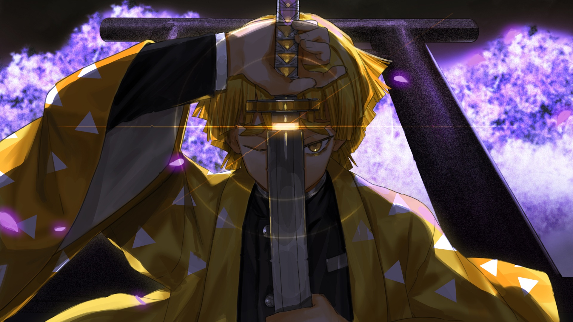 Zenitsu Agatsuma with Sword in Dramatic Glow HD Wallpaper