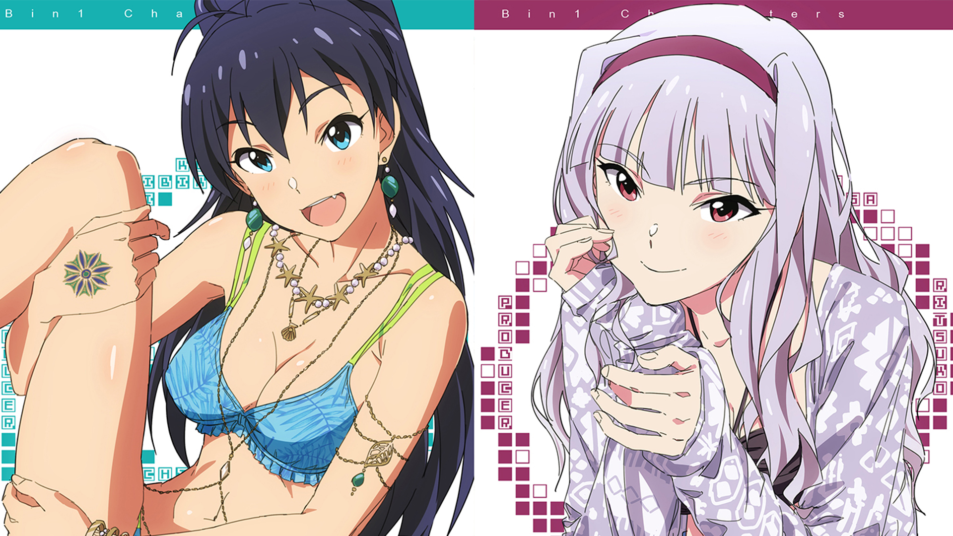 Two anime girls, one in a bikini, the other in a patterned shirt HD Wallpaper