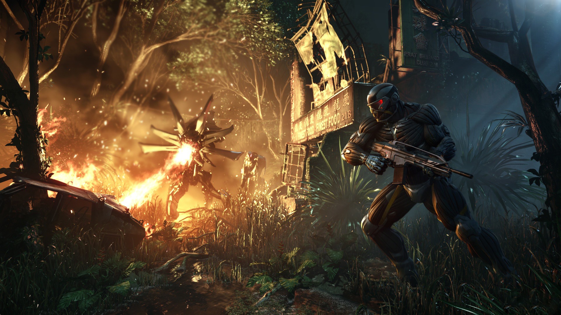 Prophet from Crysis fighting alien in jungle HD Wallpaper