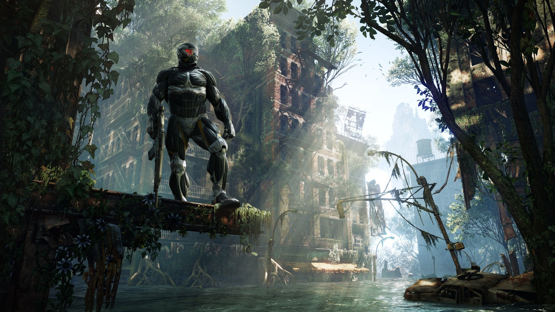 Prophet from Crysis standing on a beam in a flooded city HD Wallpaper