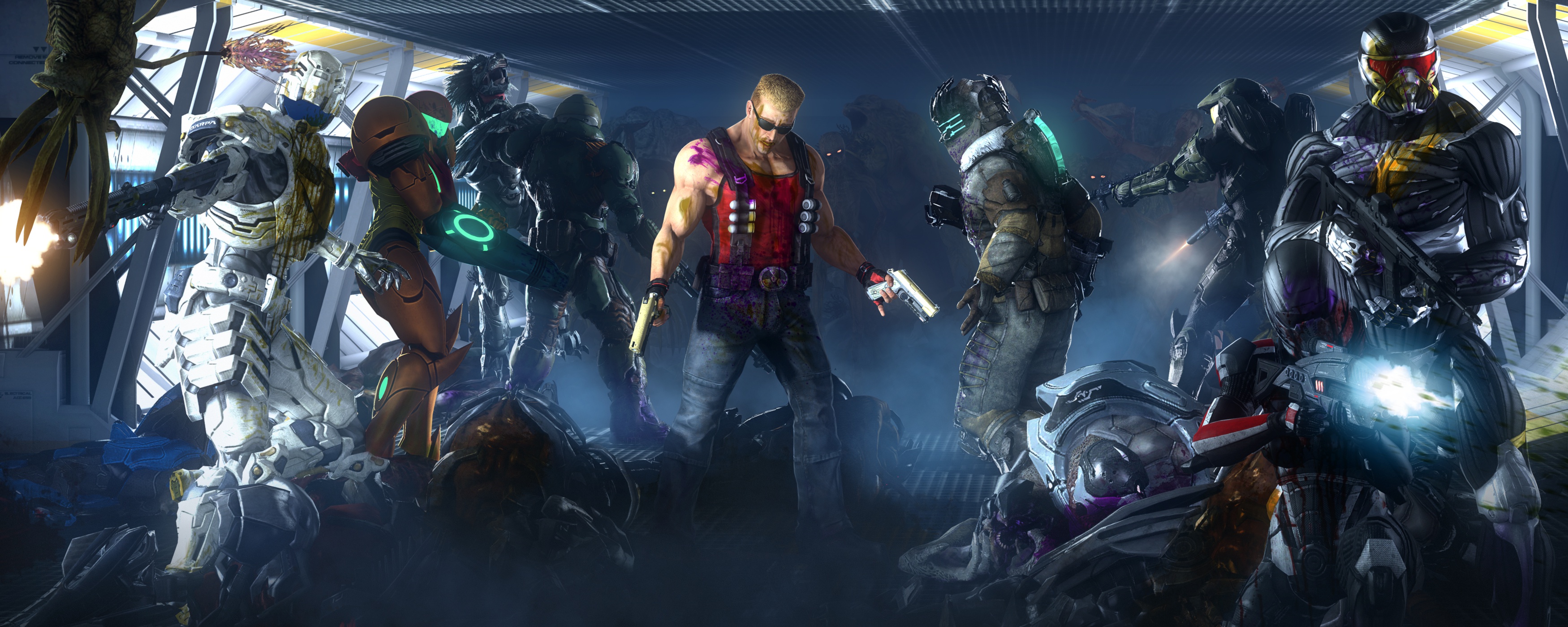 Duke Nukem and other video game characters in a battle HD Wallpaper