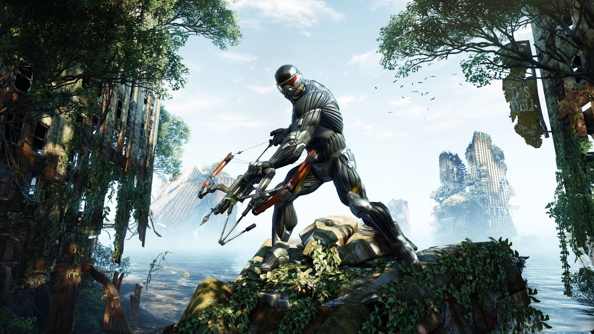 Prophet from Crysis holding a crossbow in a ruined city HD Wallpaper
