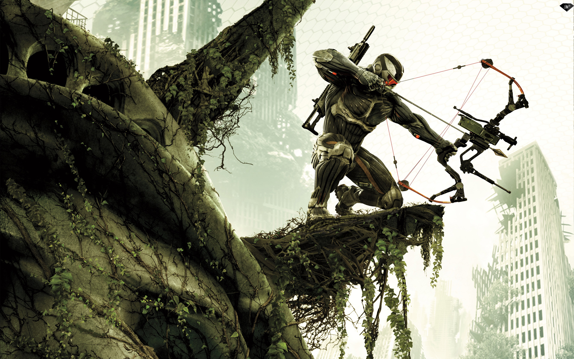 Prophet from Crysis with a bow in ruined city HD Wallpaper