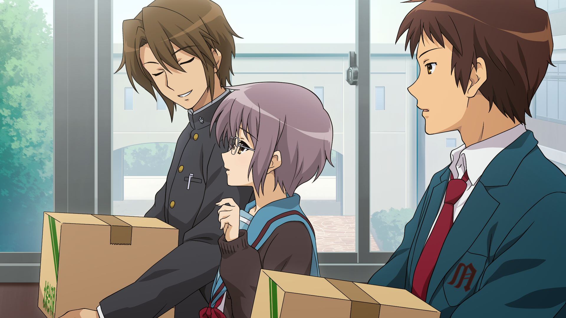 Itsuki Koizumi and two students carrying boxes HD Wallpaper