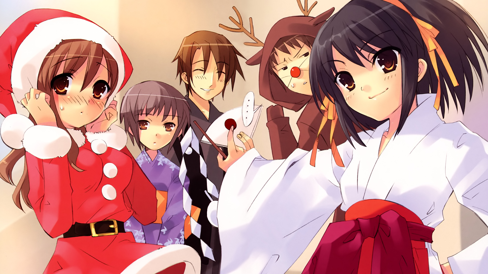 The Melancholy of Haruhi Suzumiya characters in festive attire HD Wallpaper