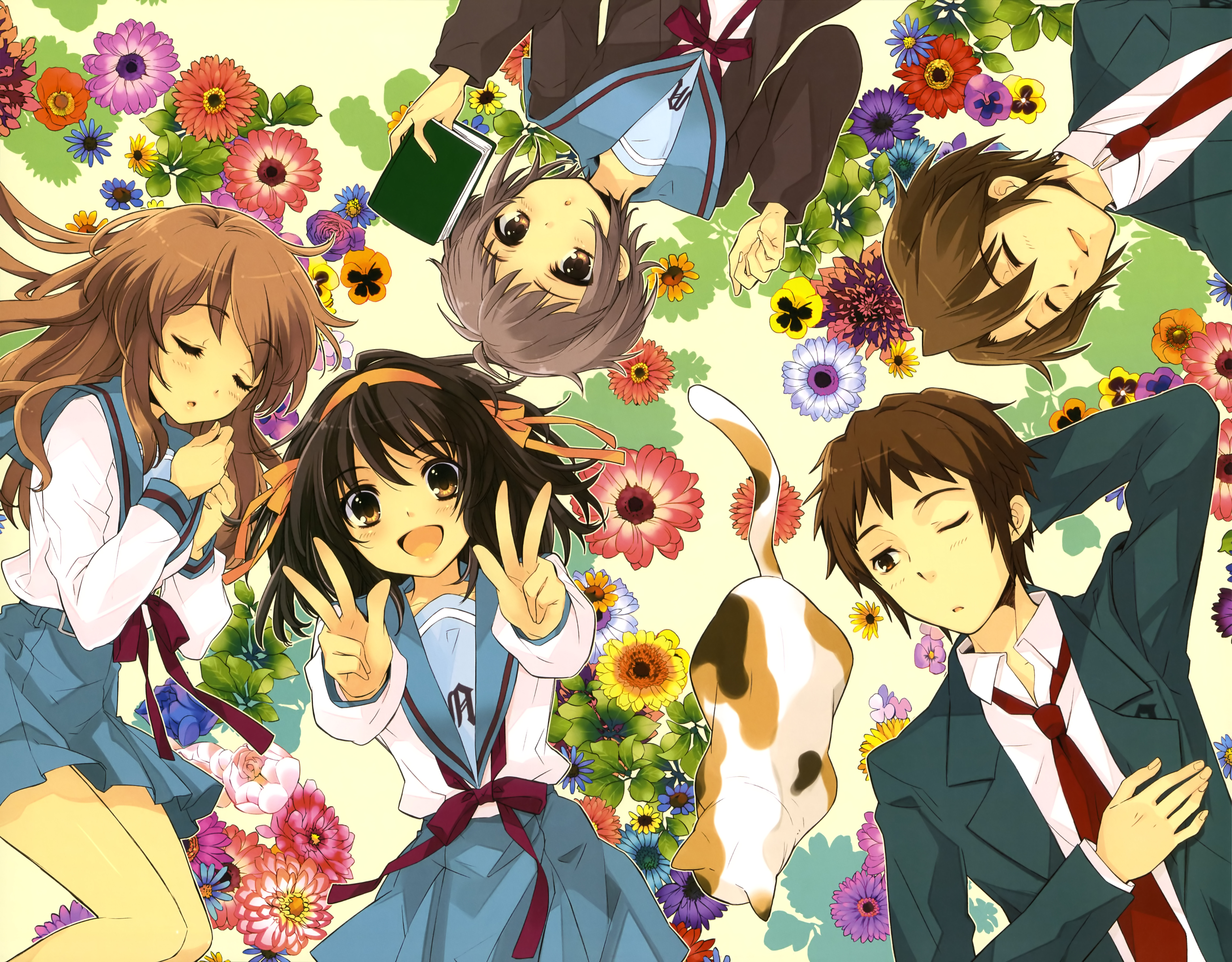 The Melancholy of Haruhi Suzumiya characters with flowers HD Wallpaper