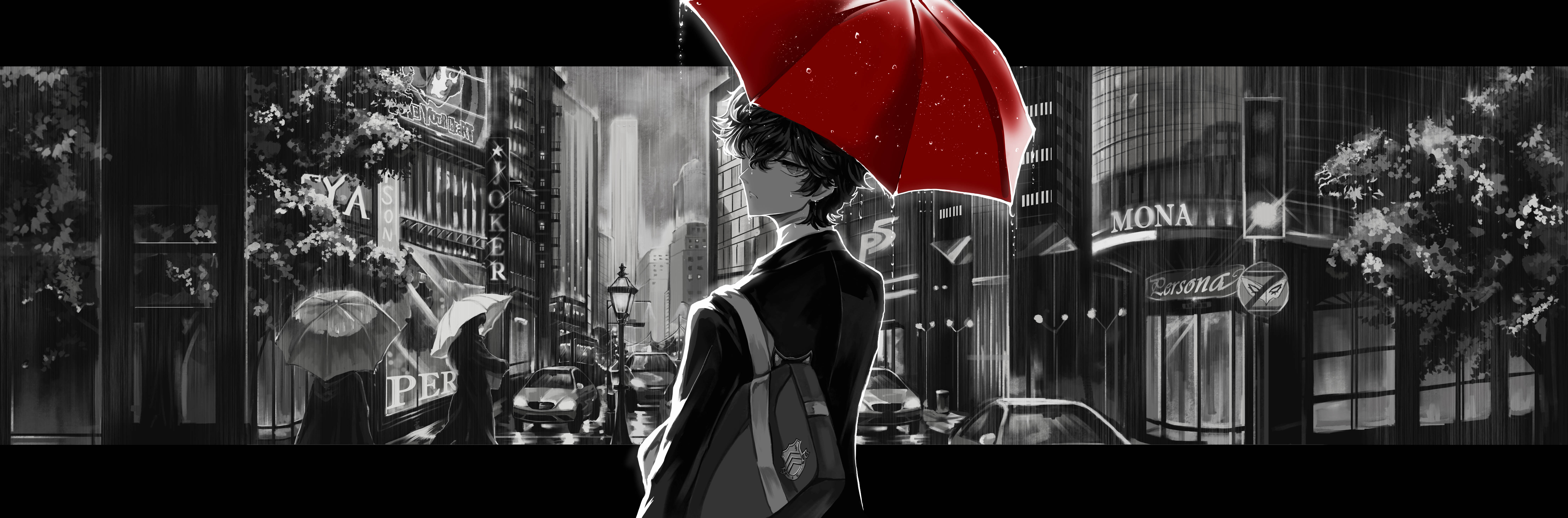 Akira Kurusu with Red Umbrella in Rainy City HD Wallpaper