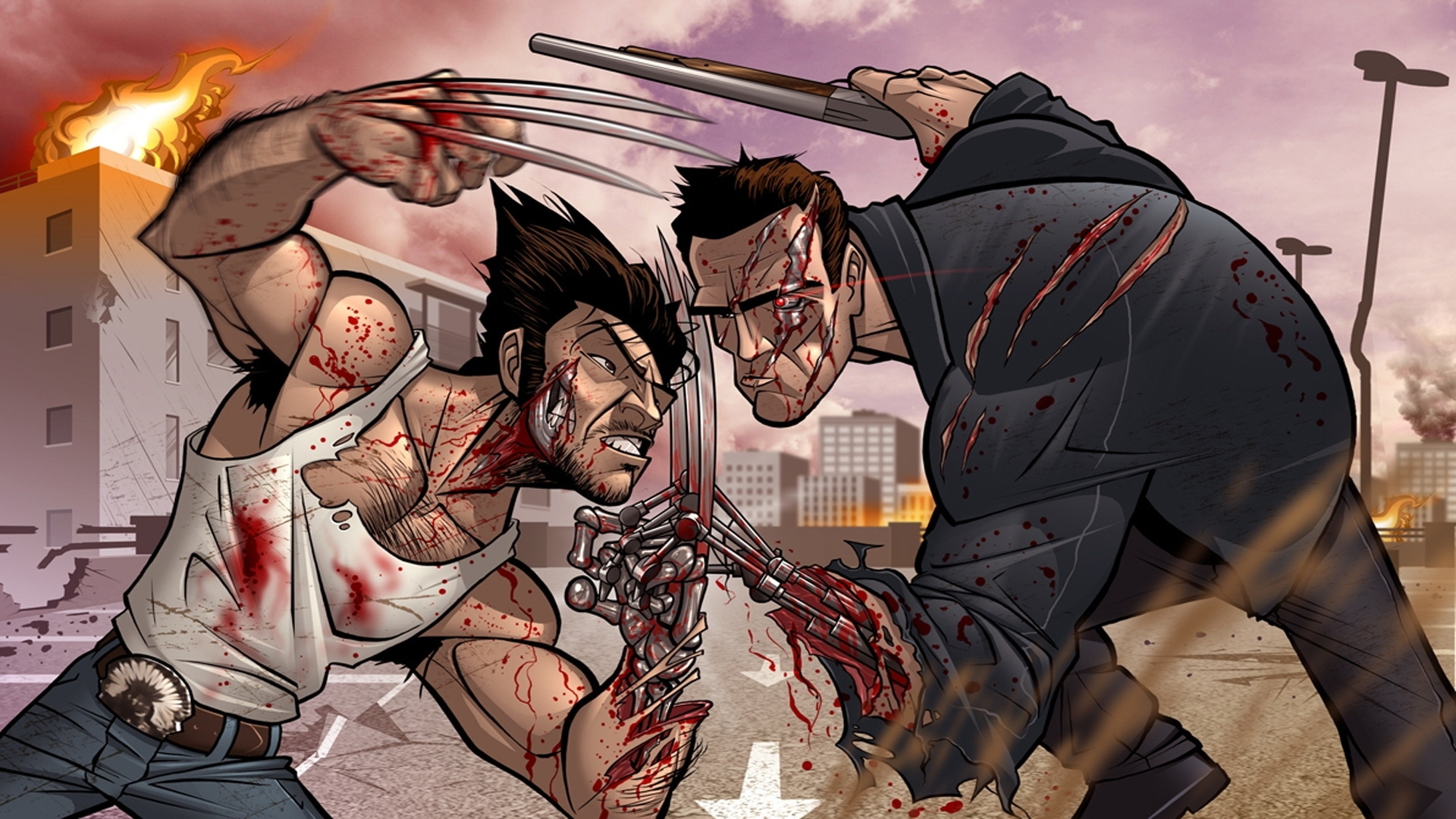 Wolverine vs Terminator in a destroyed city HD Wallpaper