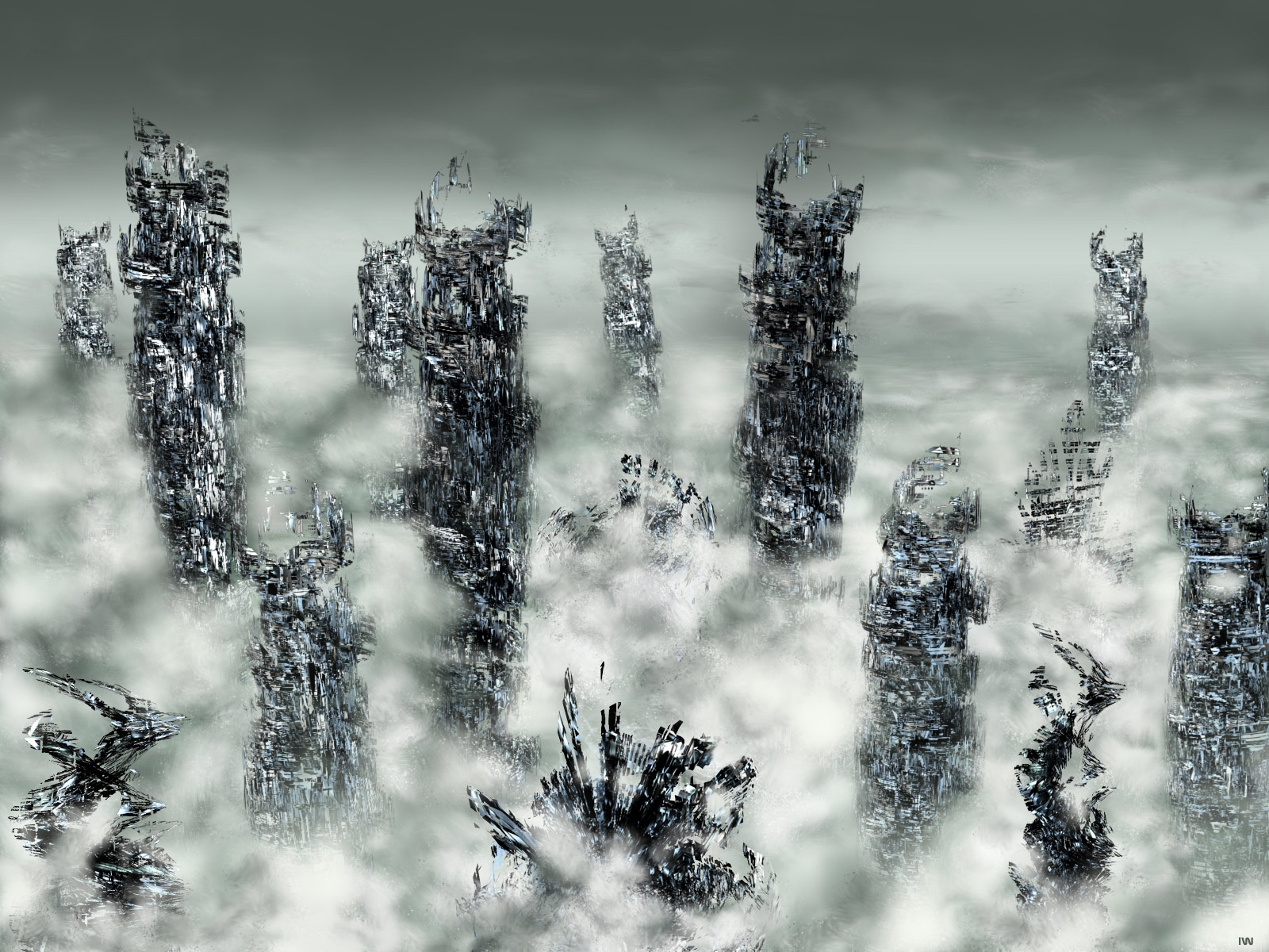 Futuristic city ruins in clouds HD Wallpaper