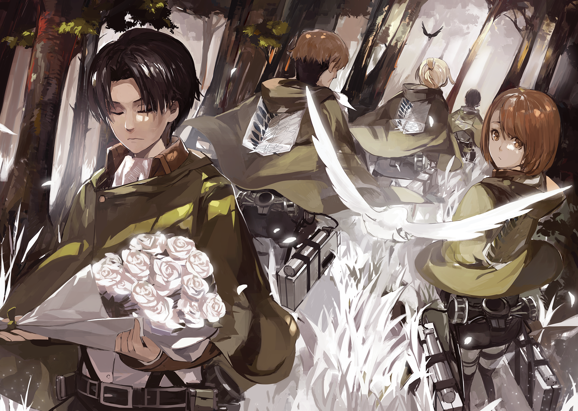 Attack on Titan characters in a forest HD Wallpaper