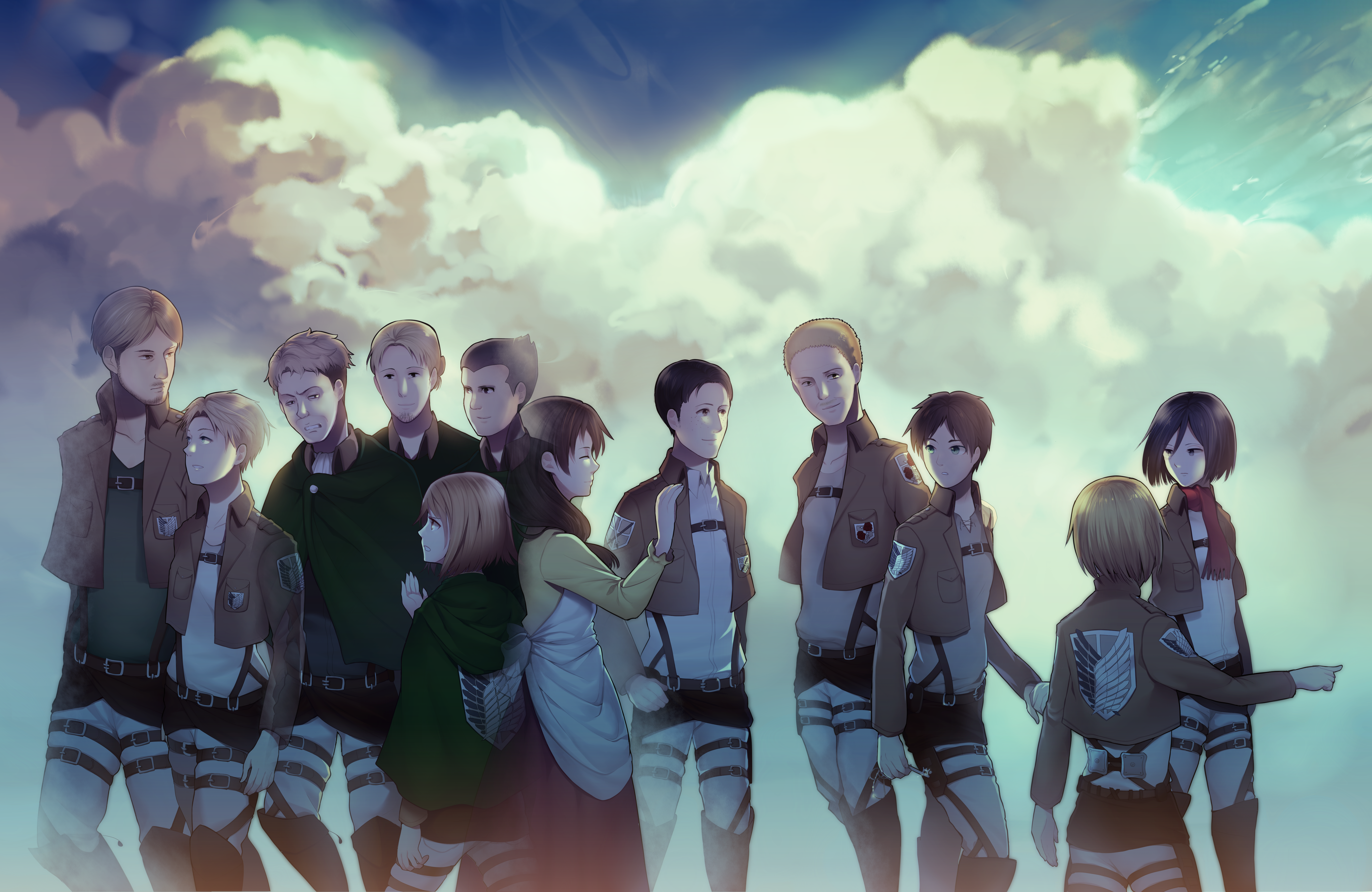 Attack on Titan characters in front of clouds HD Wallpaper