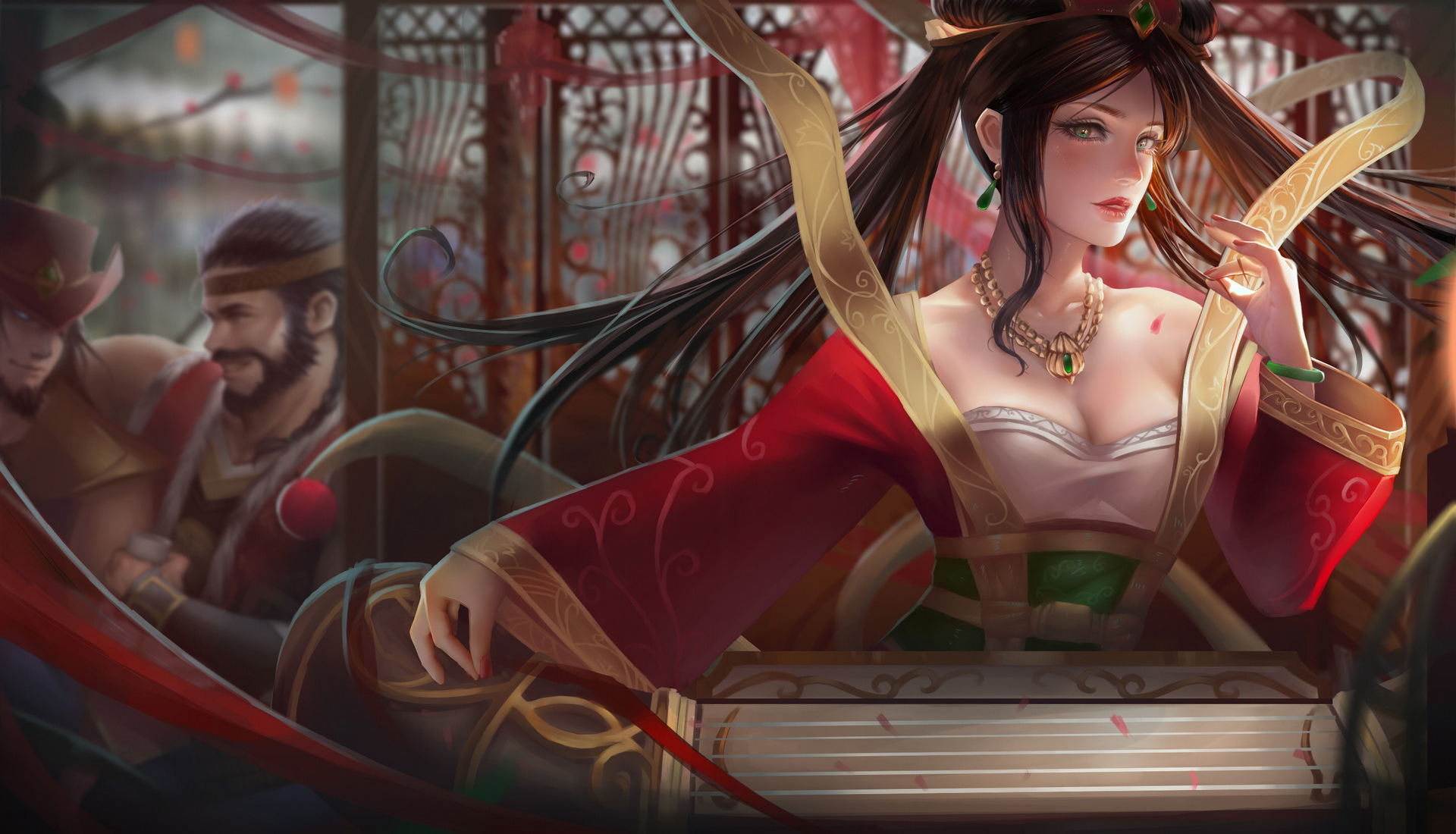 Woman in red and gold dress playing instrument HD Wallpaper