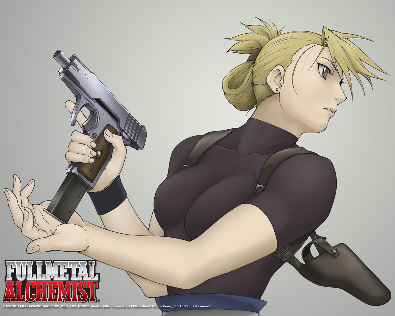 Riza Hawkeye from Fullmetal Alchemist holding a pistol HD Wallpaper
