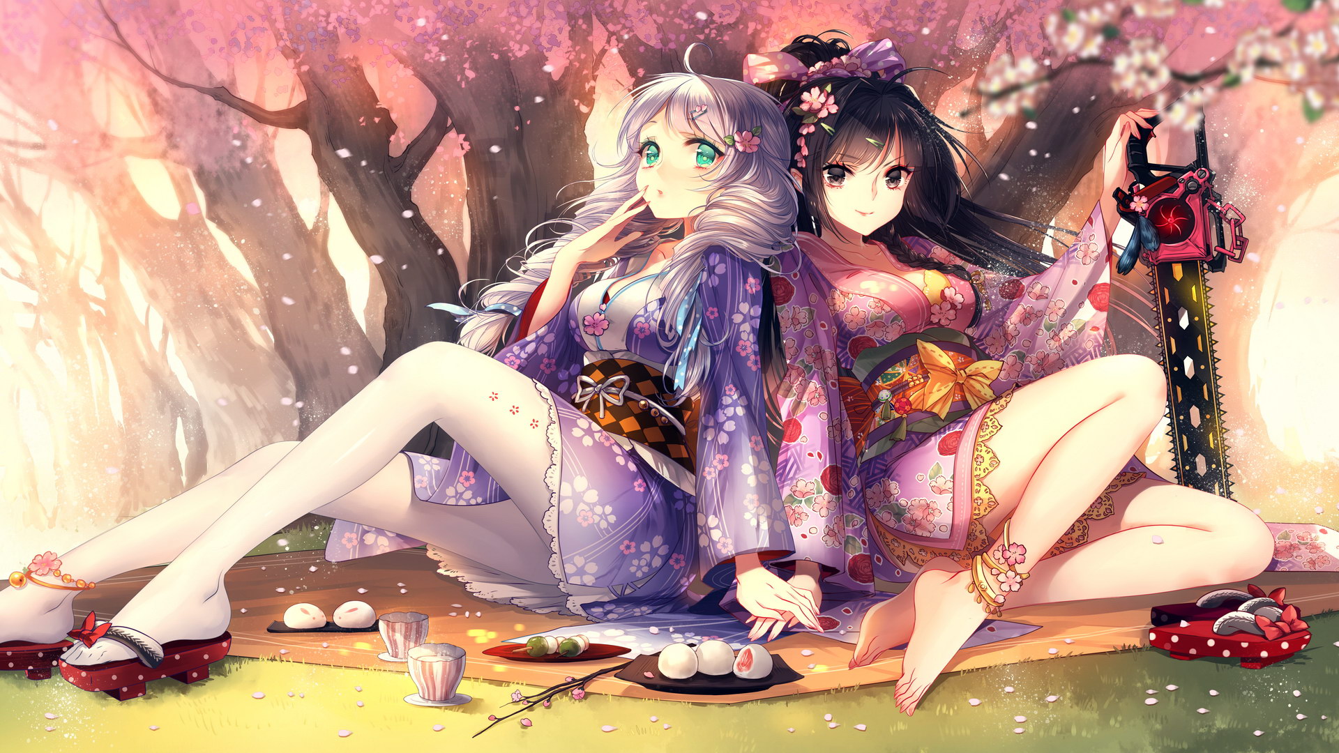 Anime girls in kimonos with a chainsaw HD Wallpaper