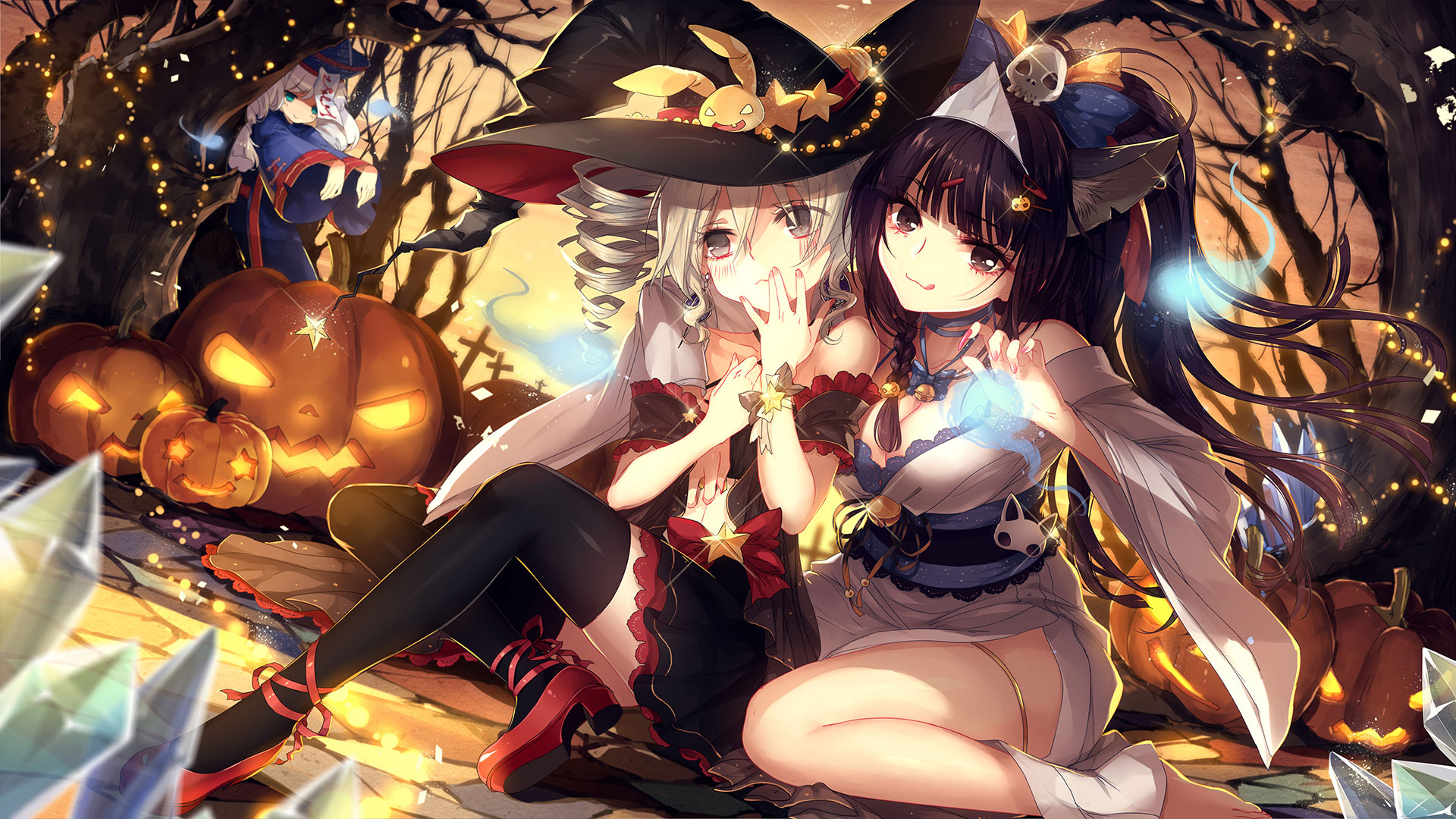 Anime girls in witch costumes with pumpkins HD Wallpaper