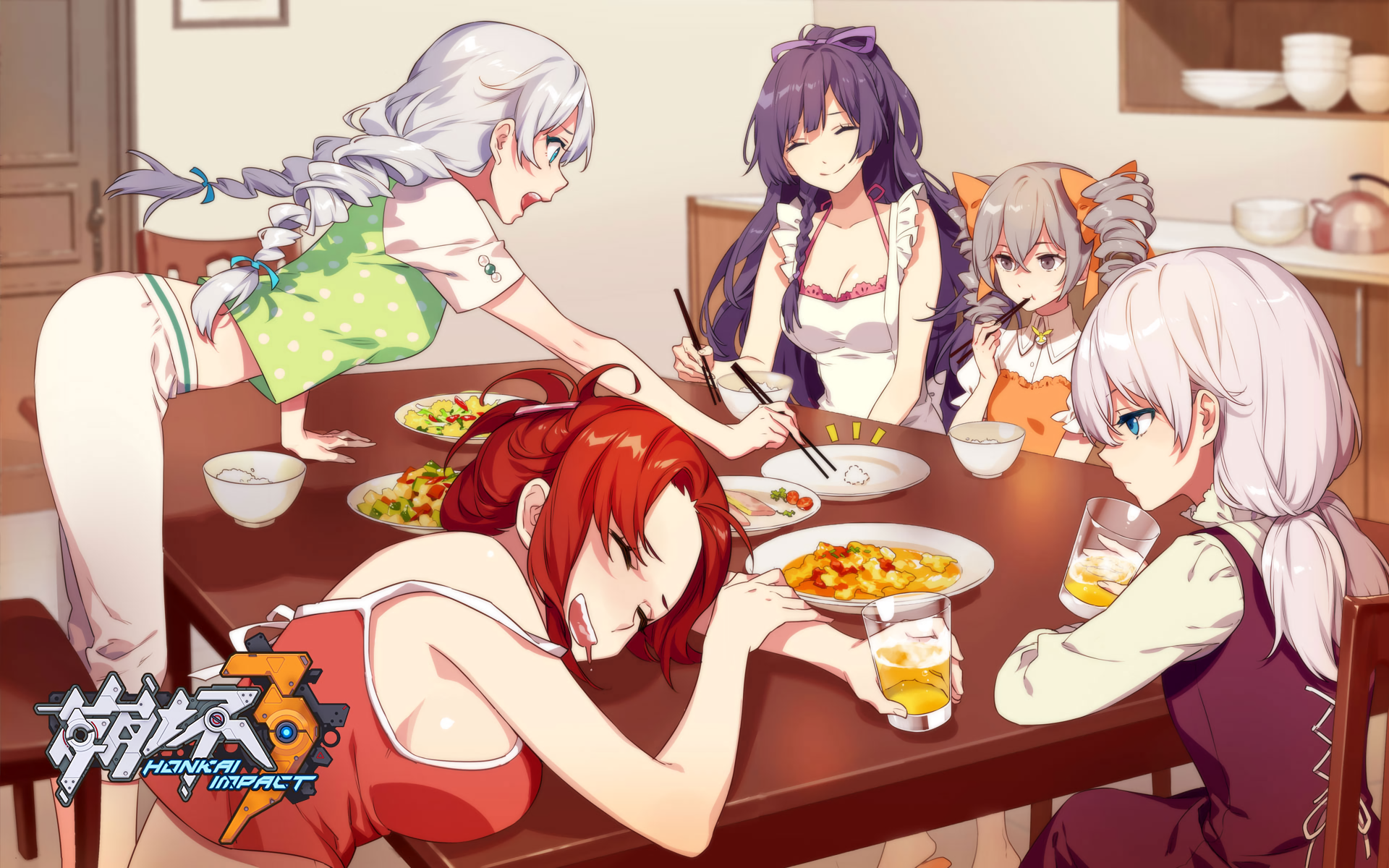 Honkai Impact Kiana Kaslana and friends at dinner HD Wallpaper
