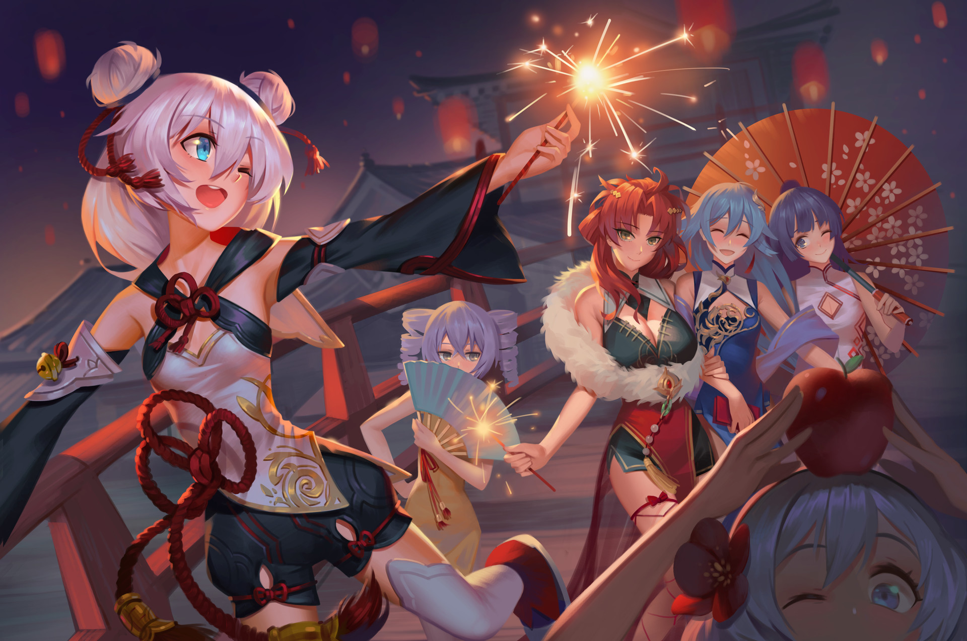 Kiana Kaslana and friends celebrating with sparklers HD Wallpaper