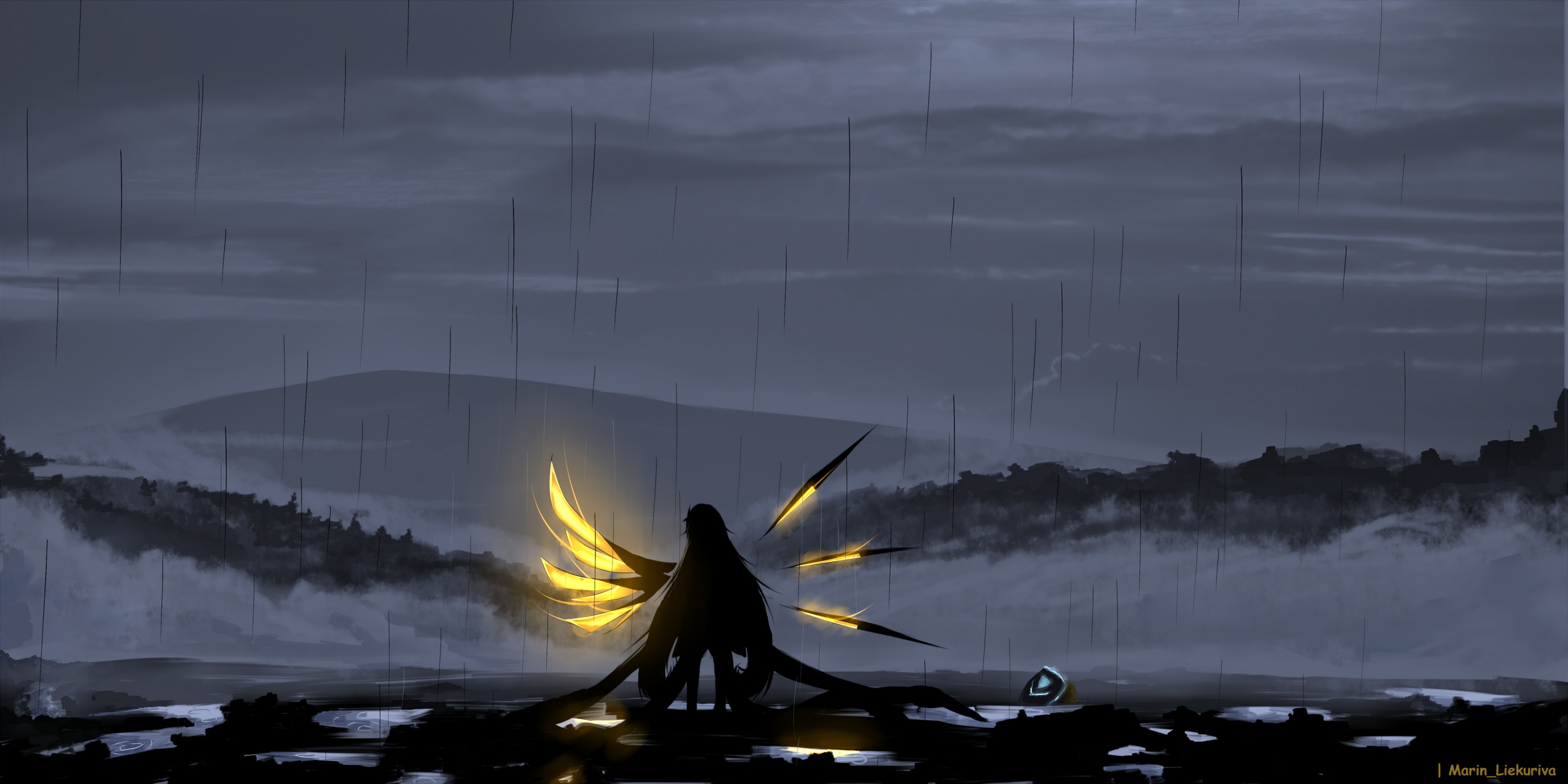 Kiana Kaslana with glowing wings in the rain HD Wallpaper