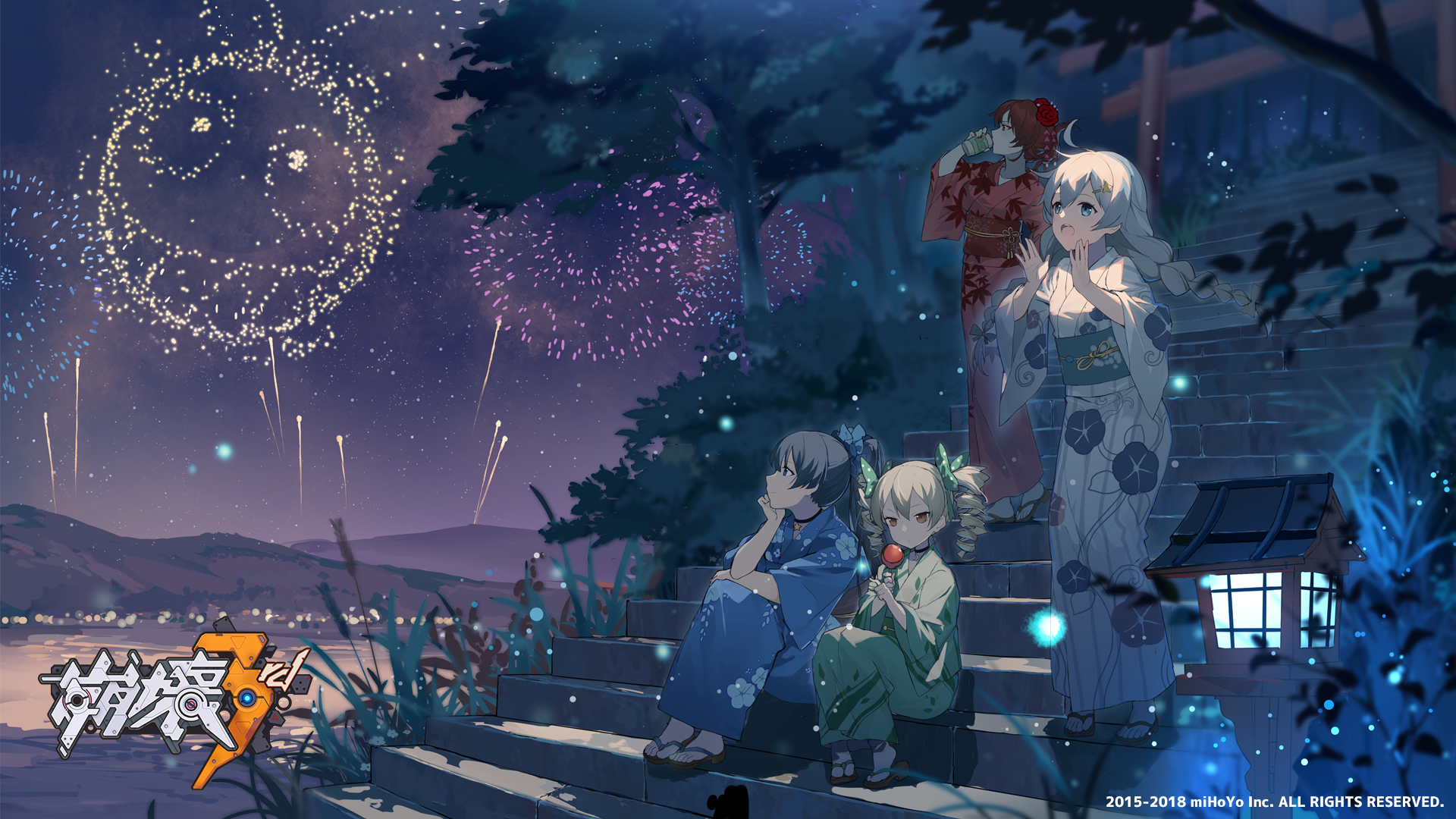 Kiana Kaslana and friends watching fireworks HD Wallpaper