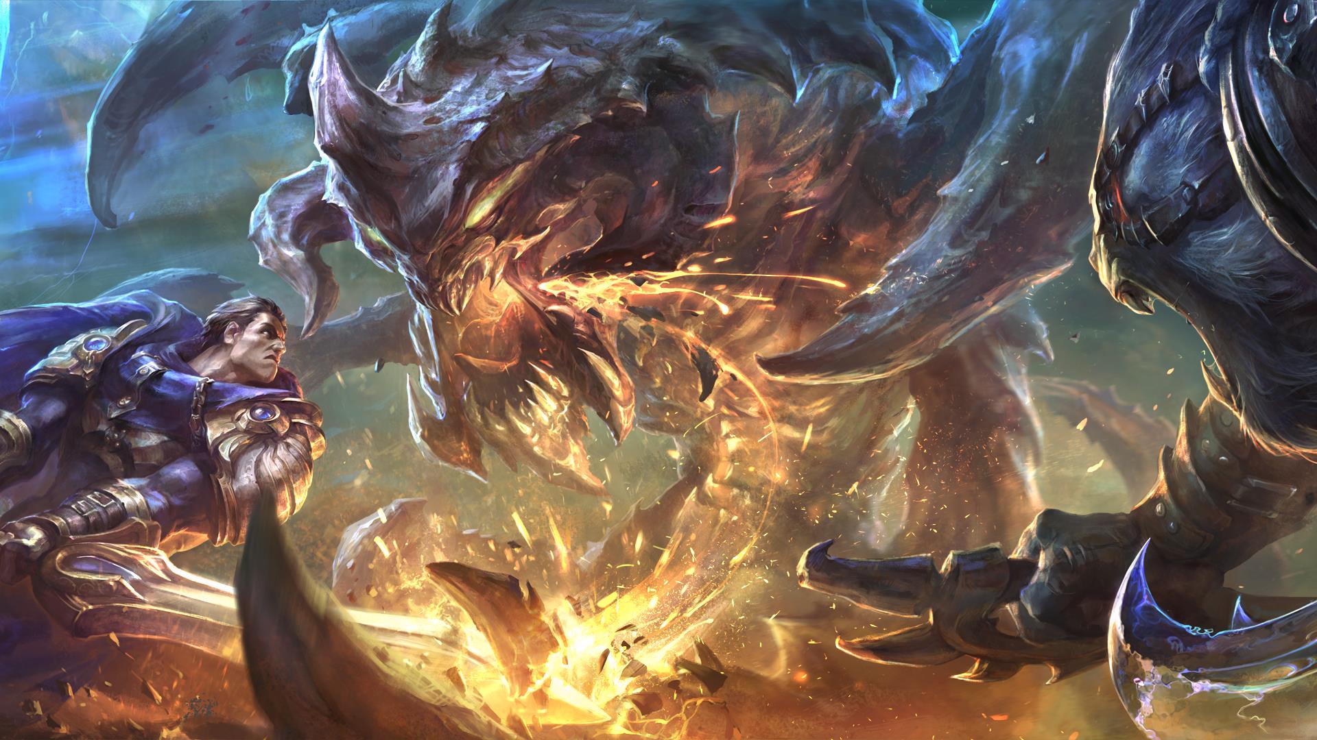 Garen from League of Legends fighting a monster HD Wallpaper