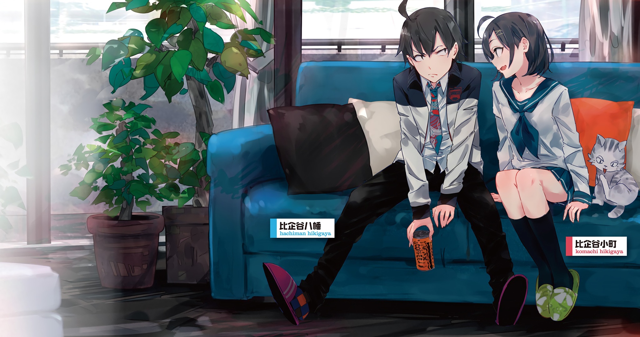 Hachiman and Komachi Hikigaya with a cat HD Wallpaper