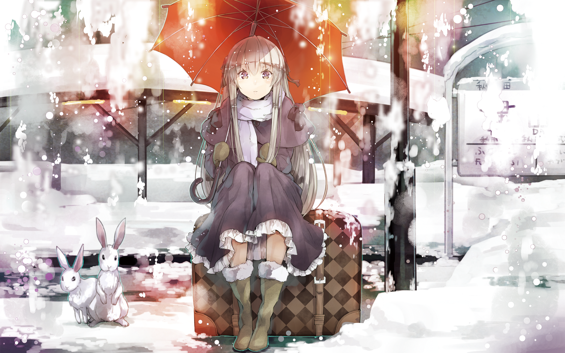 Sora Kasugano in Winter with Umbrella and Suitcase HD Wallpaper