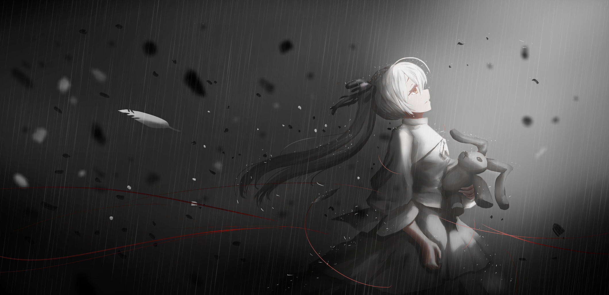 Girl with white hair holding a stuffed rabbit in the rain HD Wallpaper