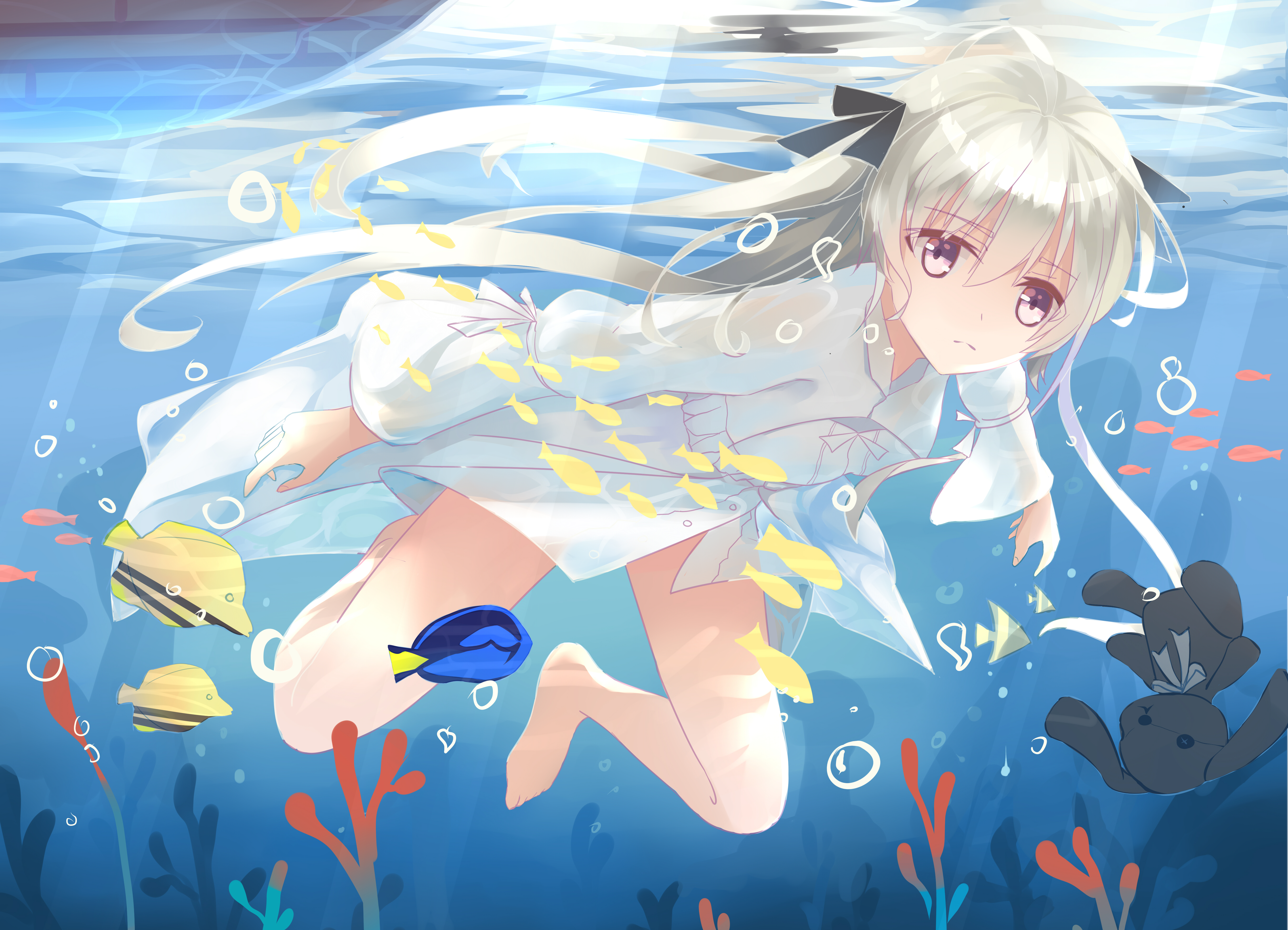 Girl with white hair underwater with fish HD Wallpaper