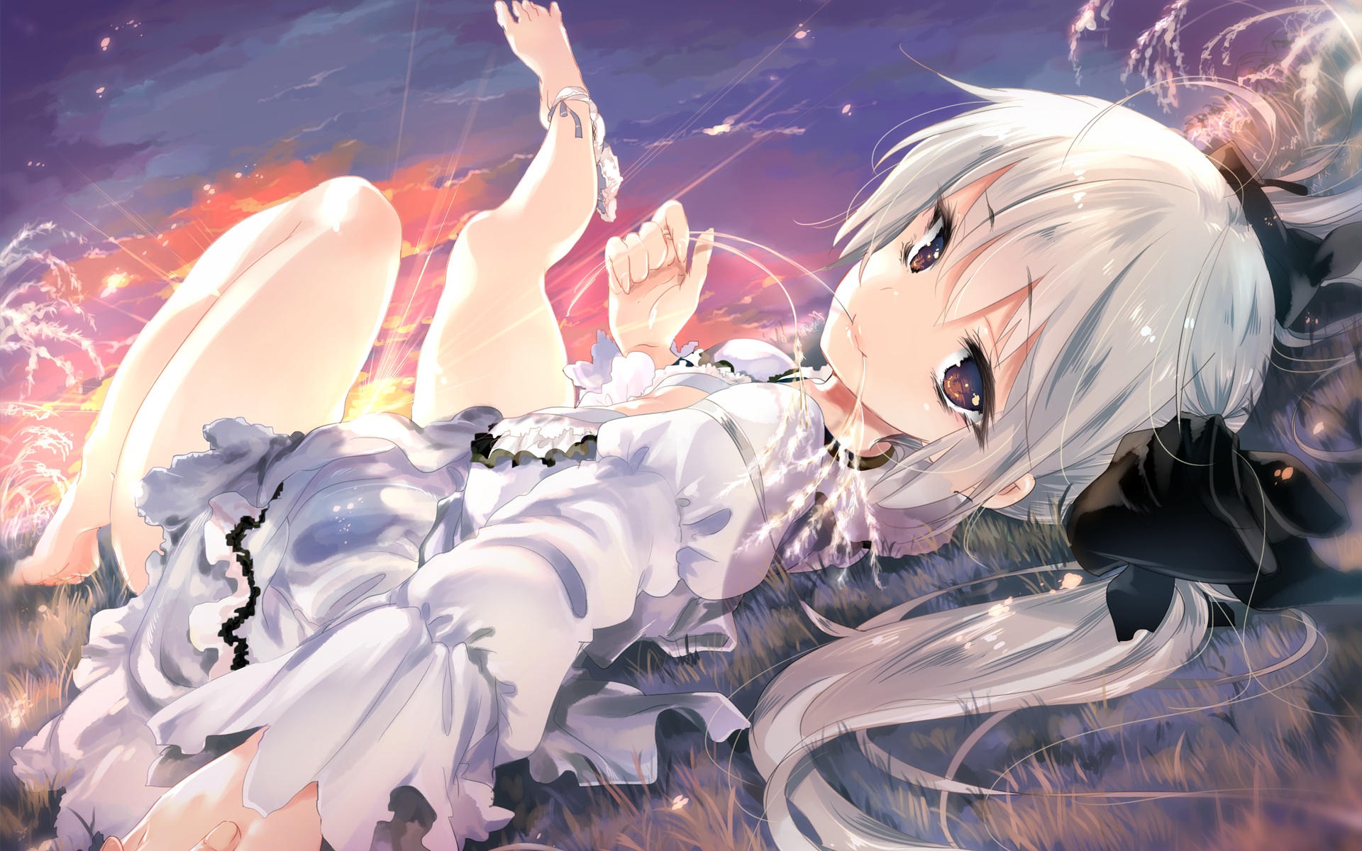 Sora Kasugano lying in a field at sunset HD Wallpaper