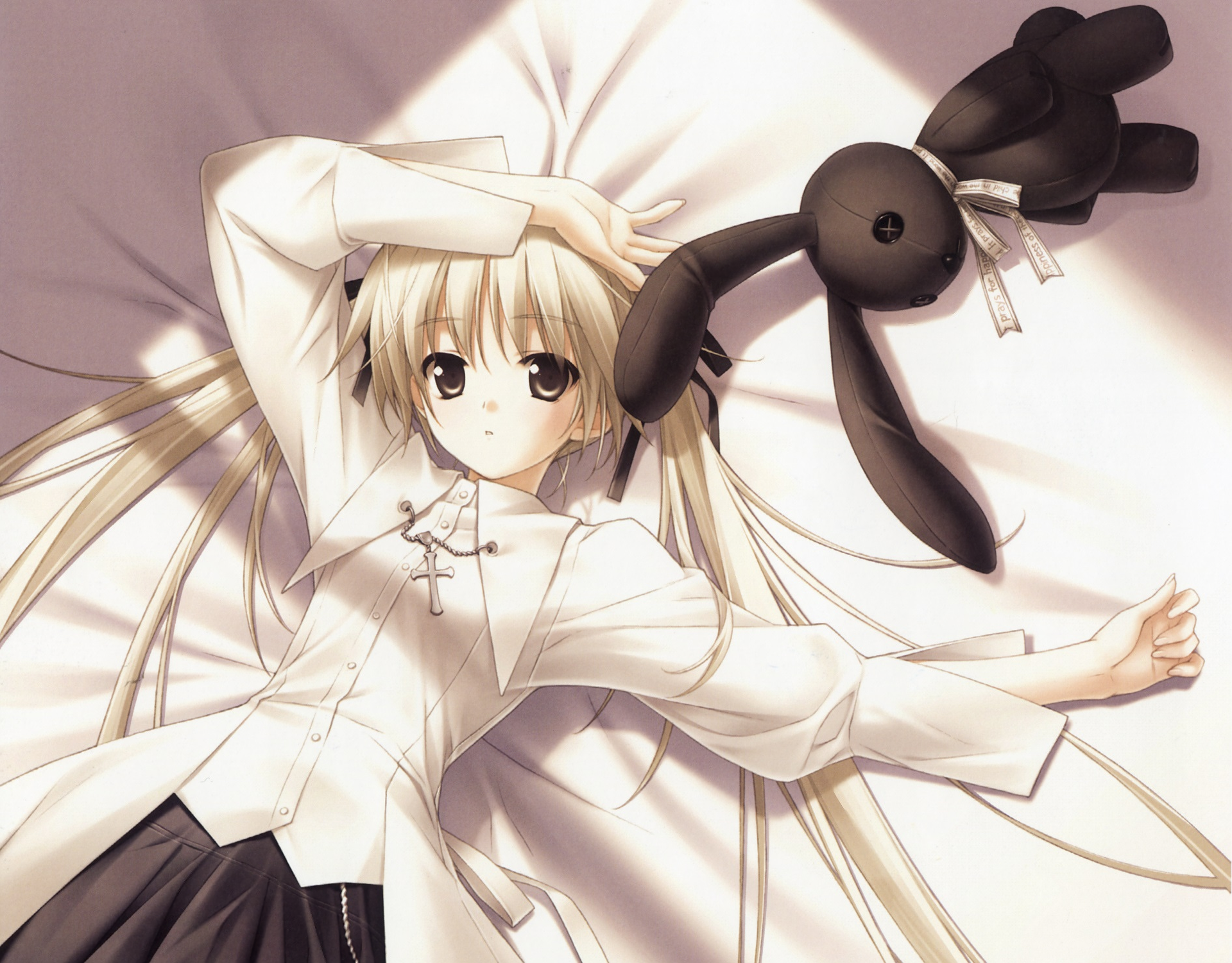 Sora Kasugano lying on a bed with a stuffed rabbit HD Wallpaper