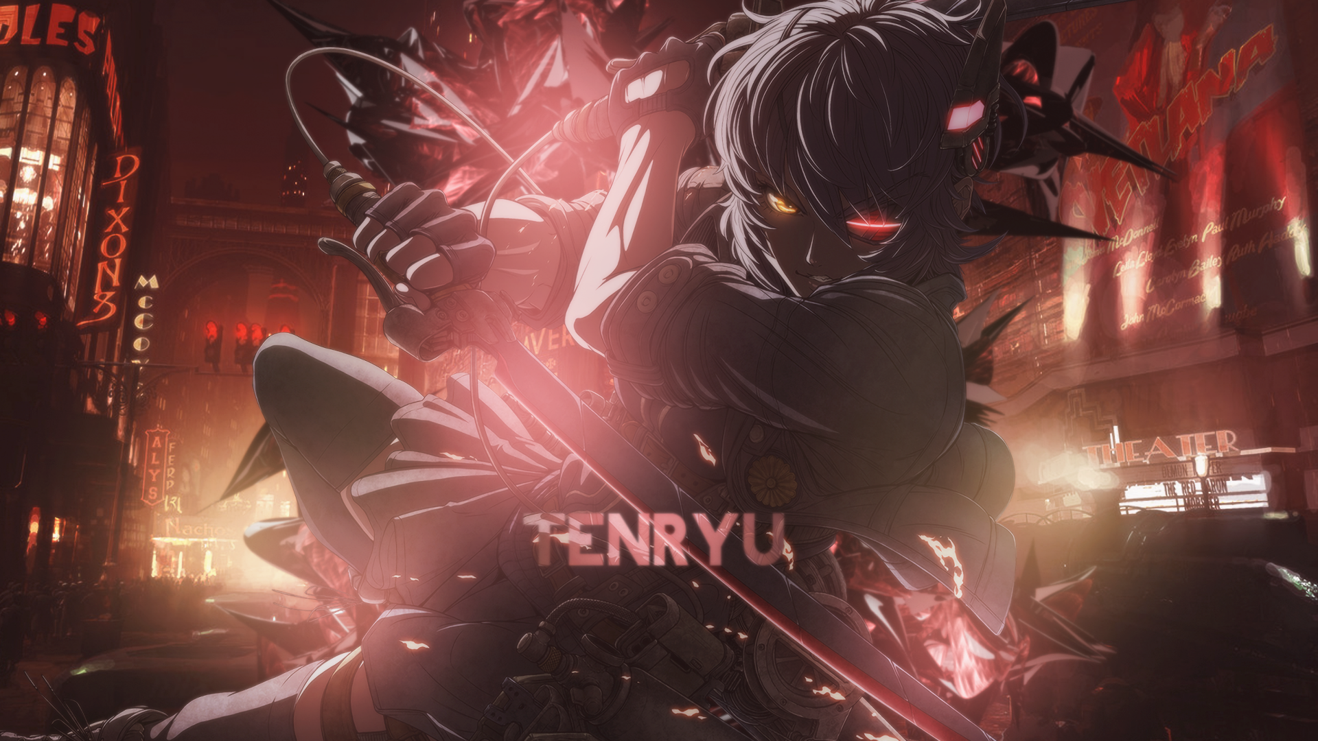 Tenryuu from Kancolle in a neon city HD Wallpaper