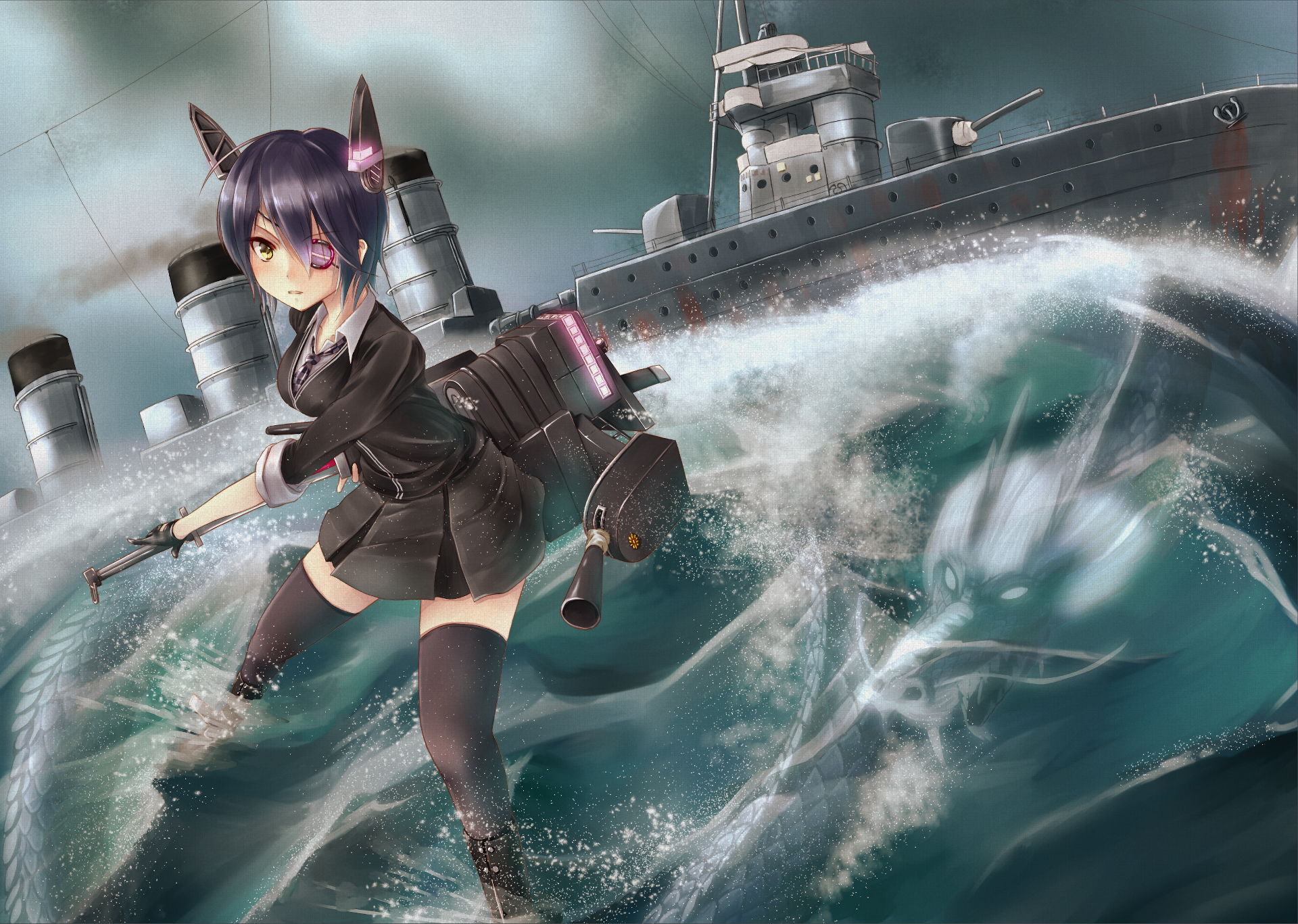 Tenryuu from Kantai Collection in rough seas with a sea dragon HD Wallpaper