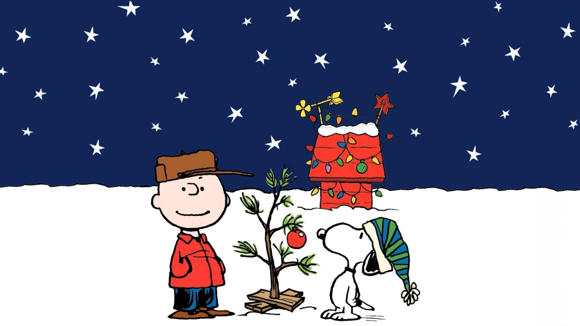 Charlie Brown and Snoopy from Peanuts with a Christmas tree HD Wallpaper