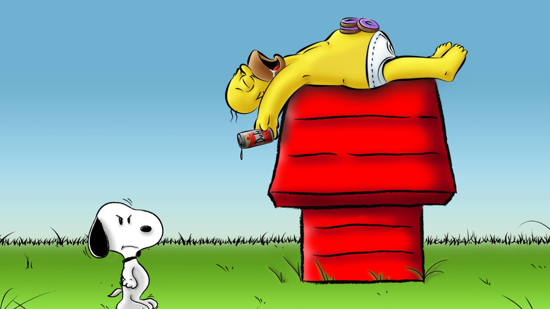 Homer Simpson and Snoopy on Snoopy's Doghouse HD Wallpaper