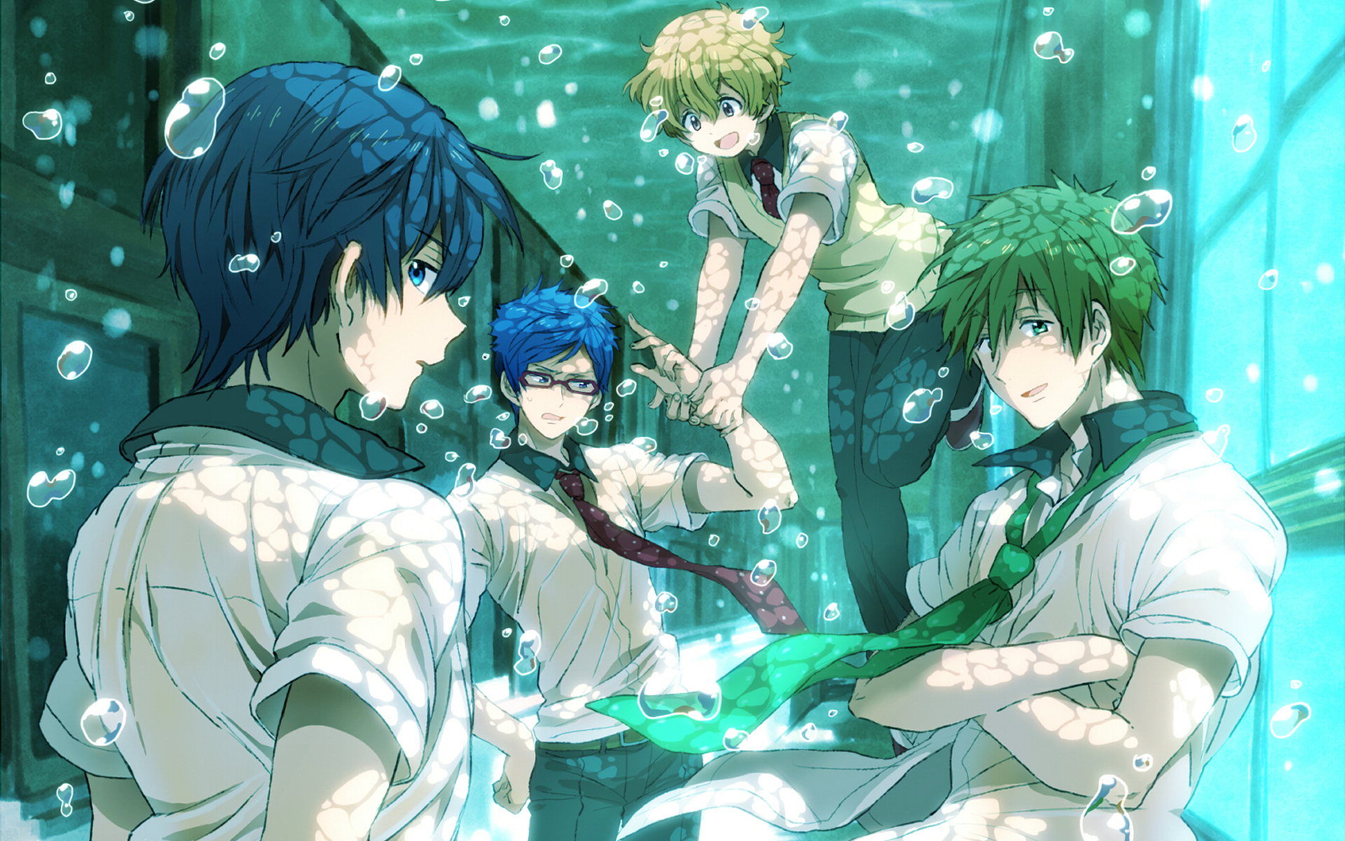 Four boys in swim uniforms underwater HD Wallpaper