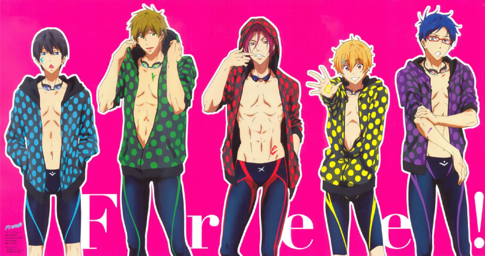 Five male anime characters from Free! in swim trunks and hoodies HD Wallpaper