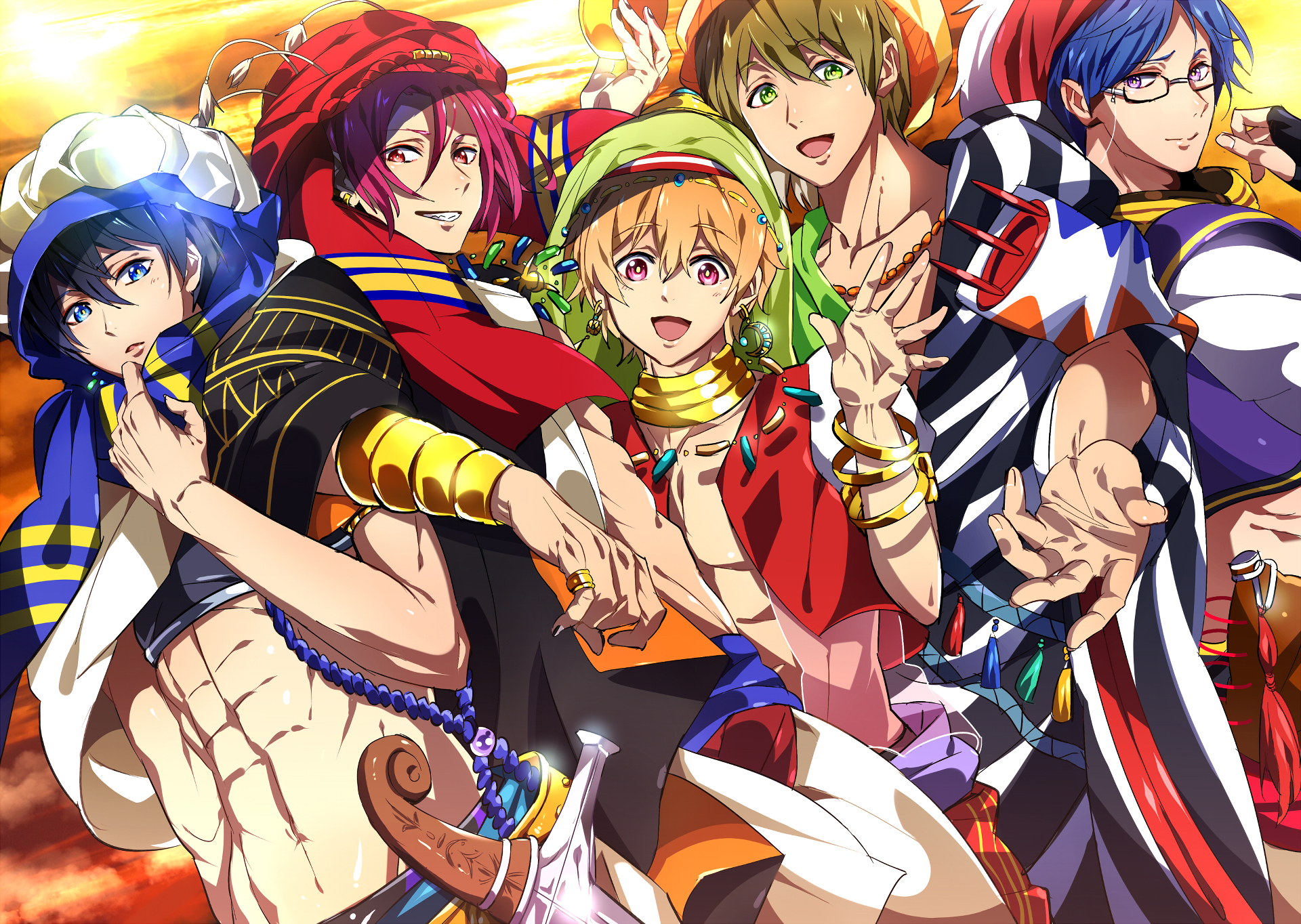 Five men from Free! in elaborate outfits HD Wallpaper
