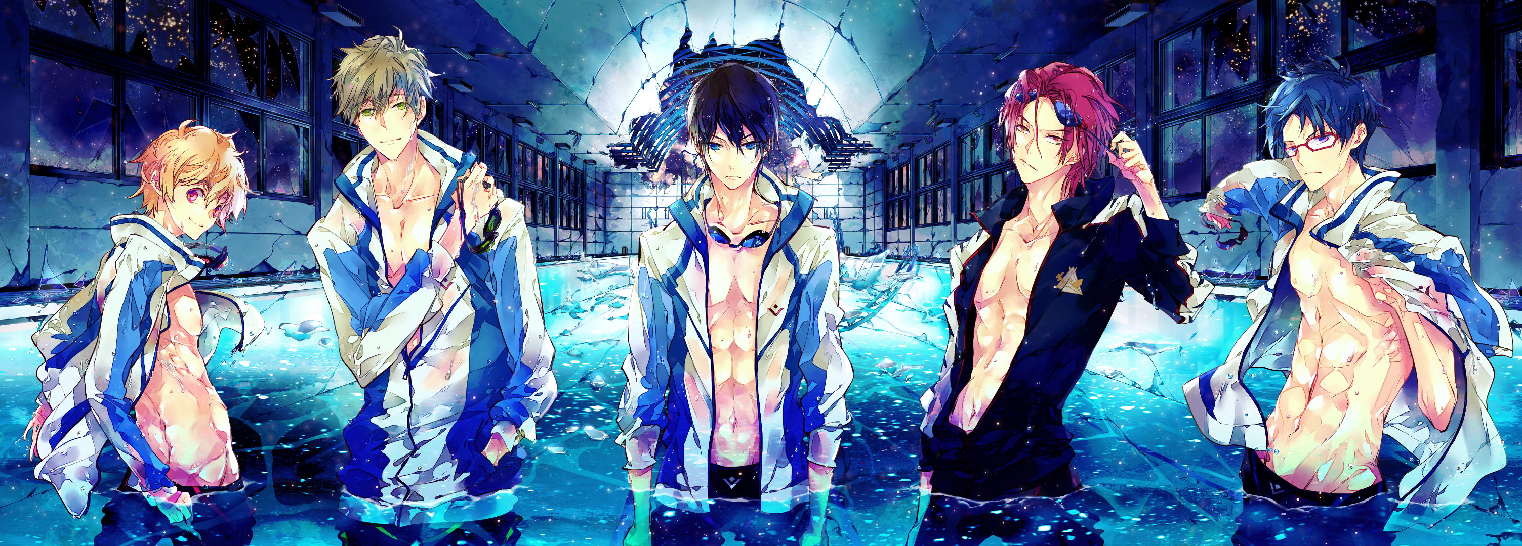 Five male swimmers in a pool HD Wallpaper