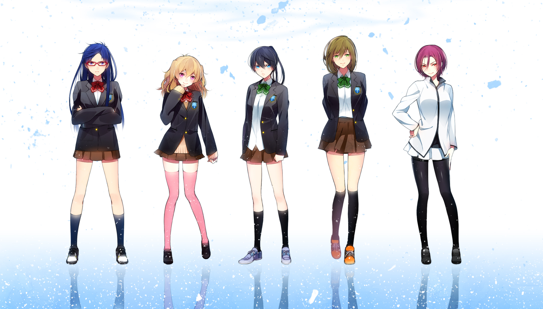 Five anime girls in school uniforms HD Wallpaper