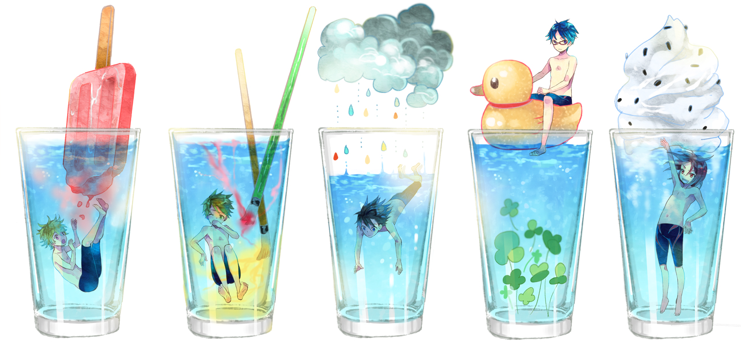 Five glasses with anime characters and summer themes HD Wallpaper