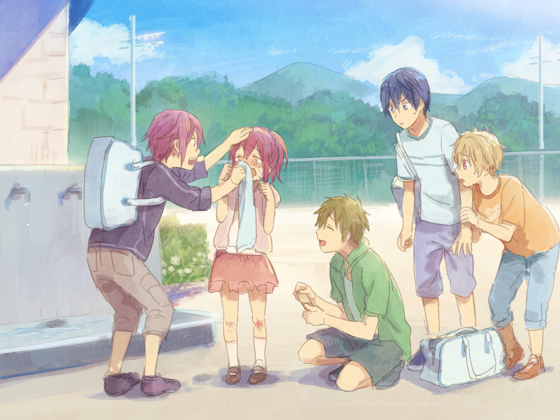 Boys and girl at a water fountain HD Wallpaper