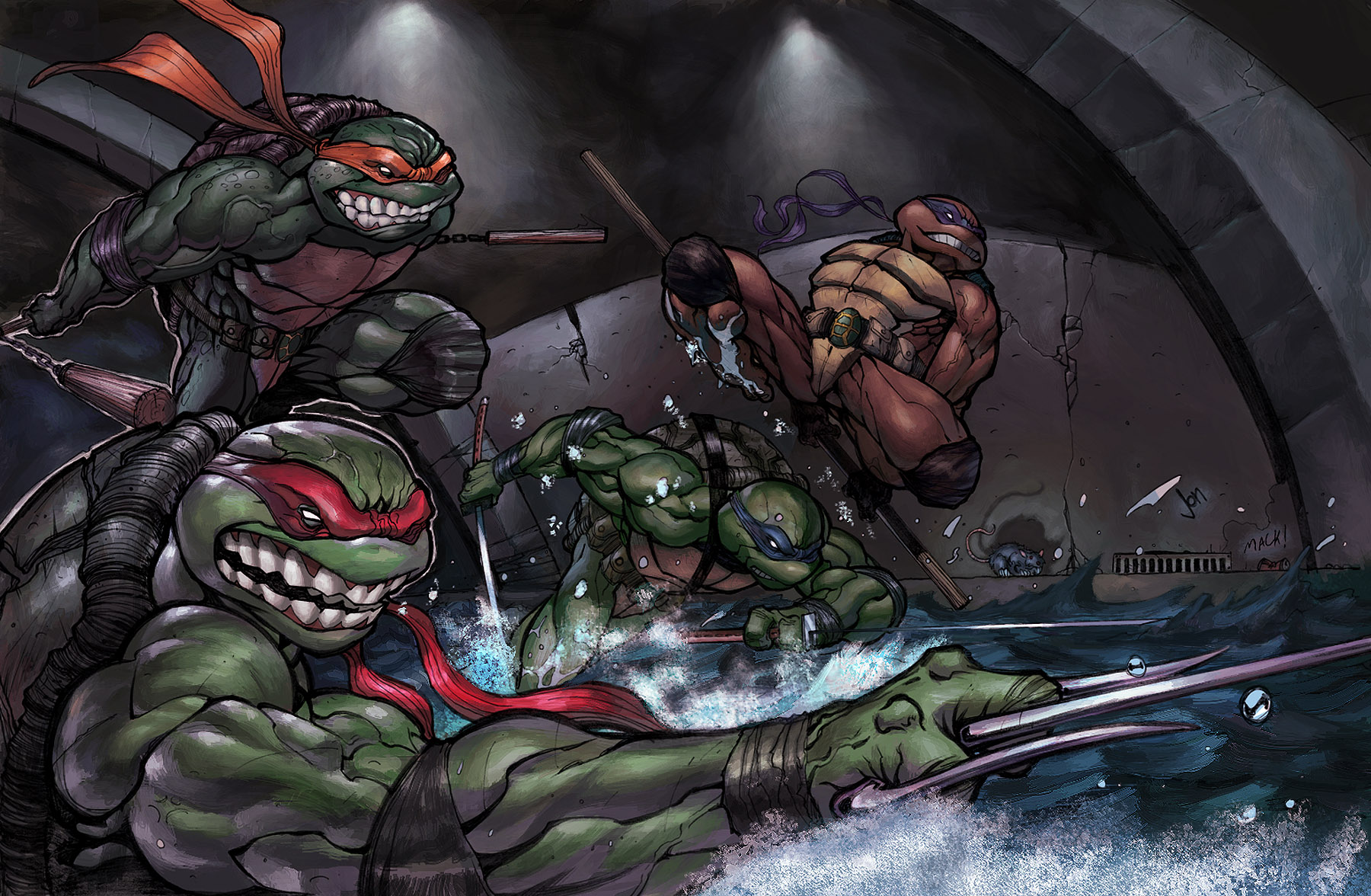 Teenage Mutant Ninja Turtles fighting in water HD Wallpaper
