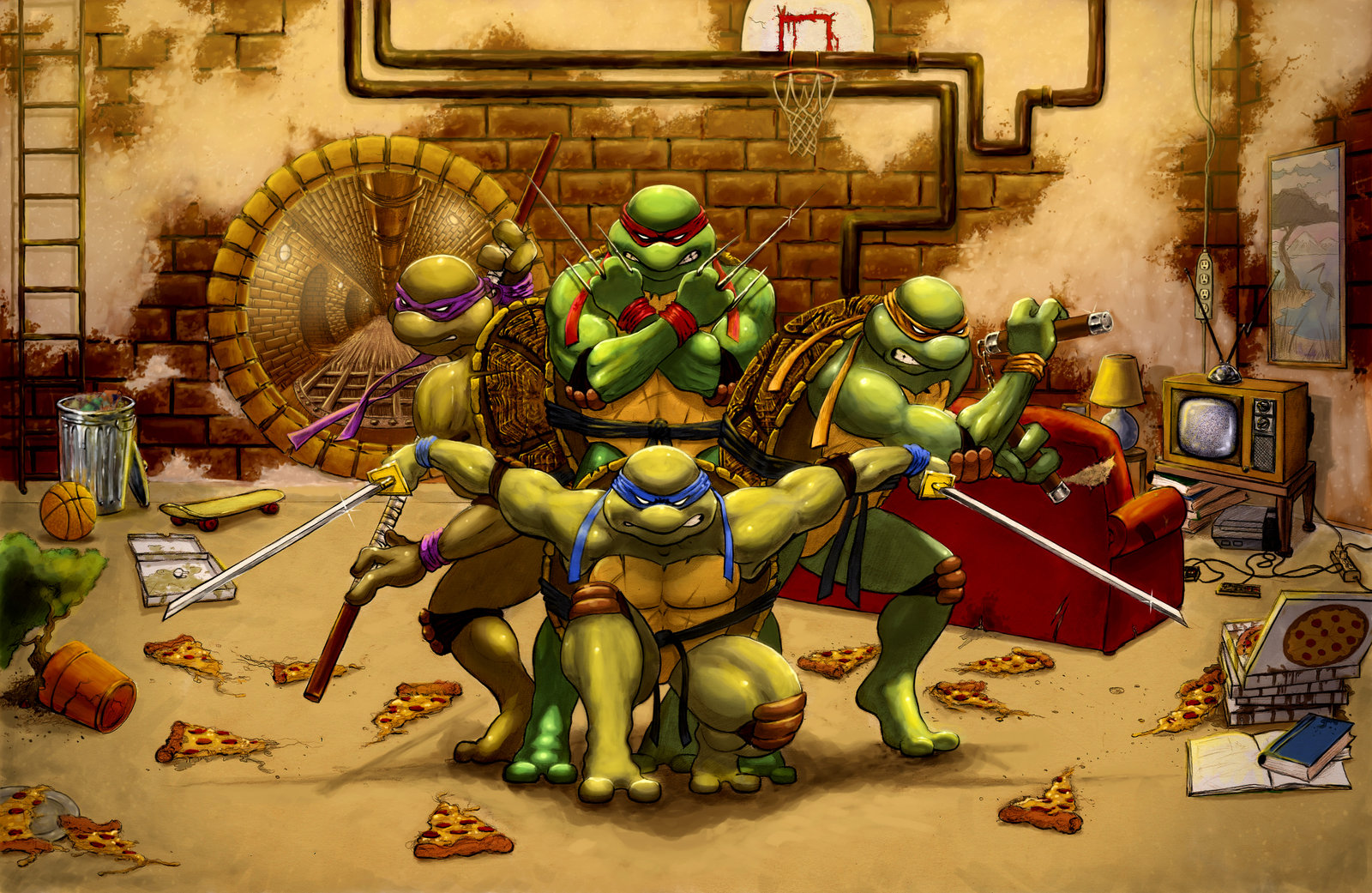 Teenage Mutant Ninja Turtles in a sewer lair HD Wallpaper