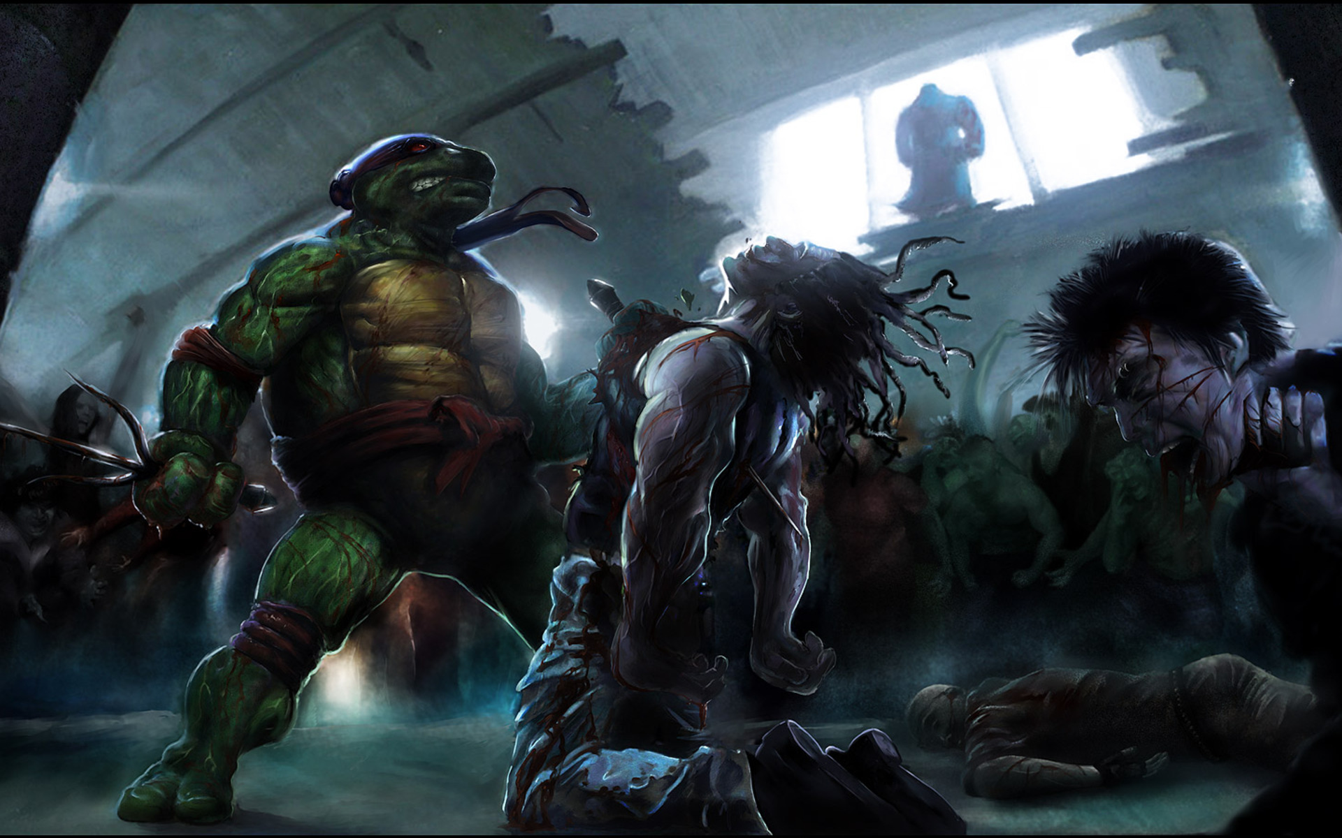 Raphael from Teenage Mutant Ninja Turtles fighting zombies HD Wallpaper