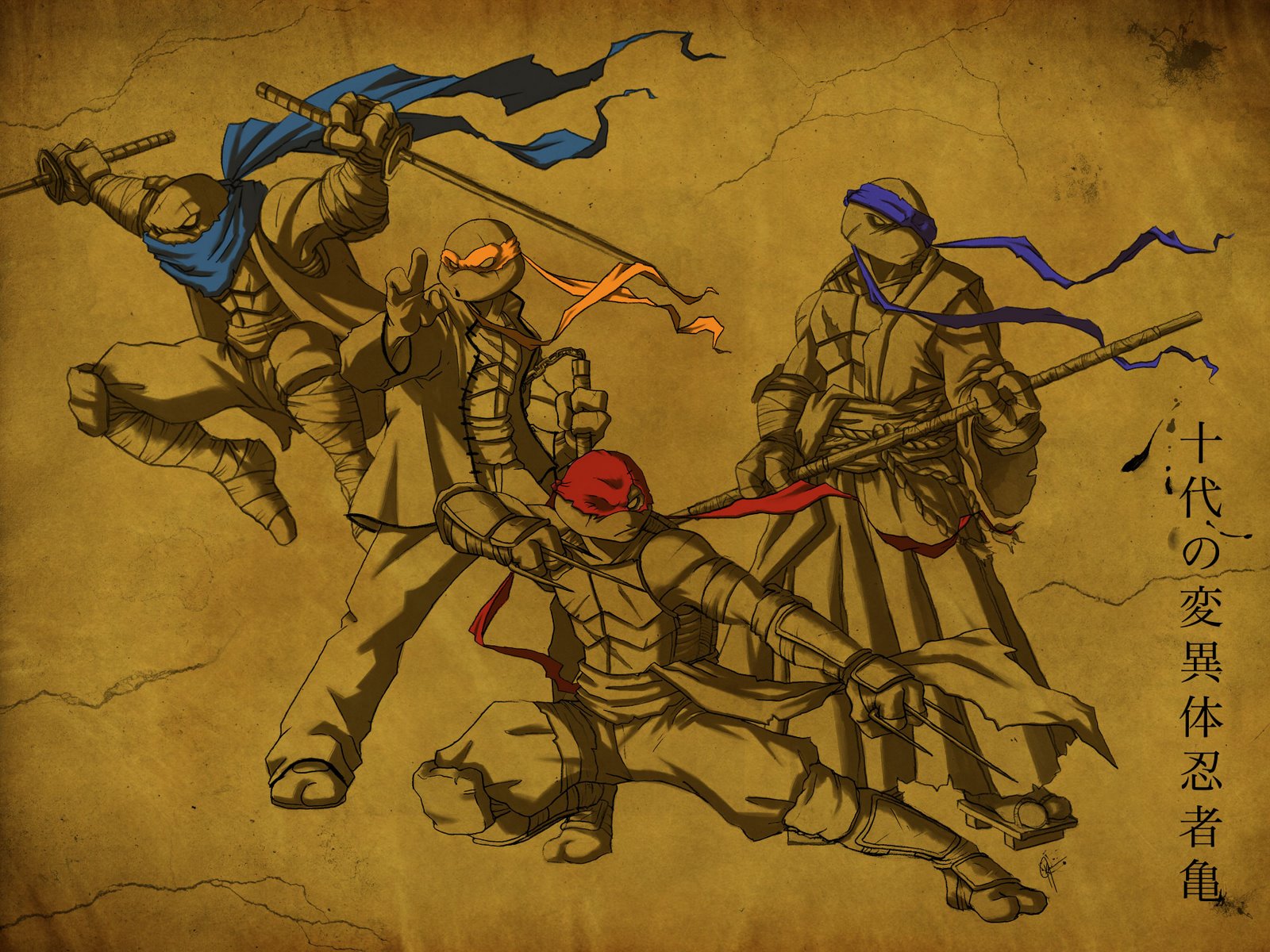 Teenage Mutant Ninja Turtles in traditional Japanese attire HD Wallpaper