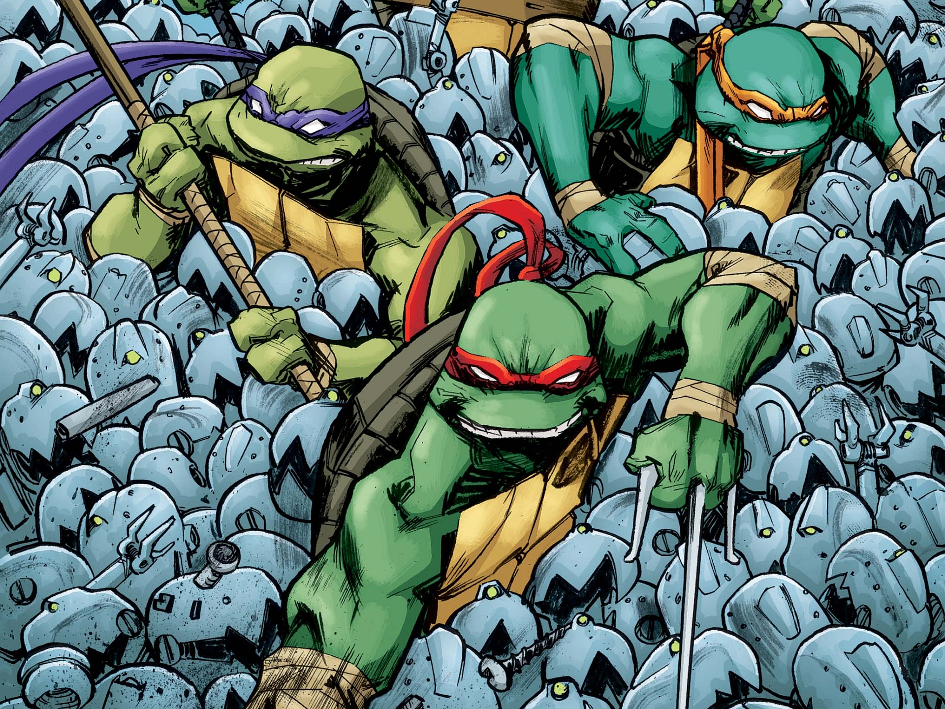 Teenage Mutant Ninja Turtles fighting robots HD Wallpaper