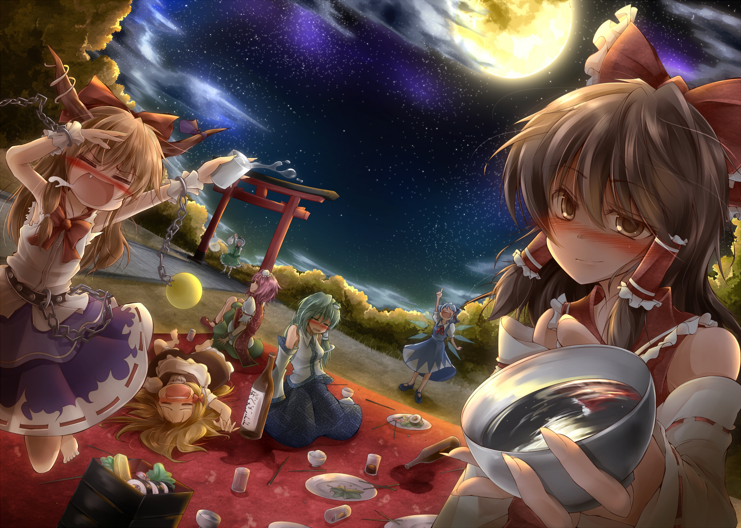 Touhou Project characters having a picnic under the moon HD Wallpaper